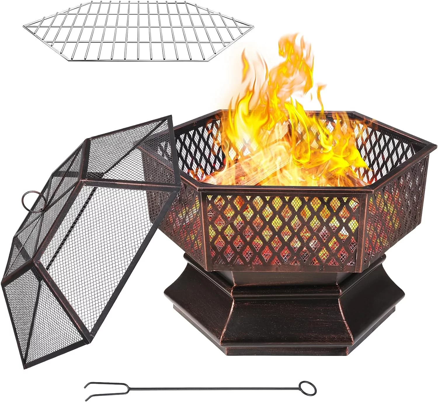 30/28'' Outdoor Fire Pit, Wood Burning Portable Firepit, Patio Grilled Pit, Hex Outside Camp Fireplace, W/ 20in Fire Poker, Spark Screen, 0.8mm Steel Base for Backyard,Terrace,Poolside,Gazebo