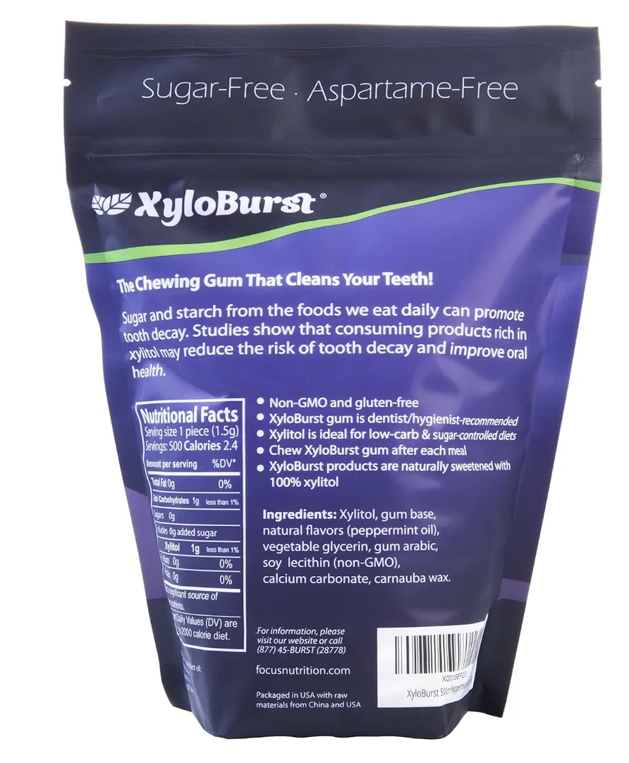 XyloBurst Peppermint Sugar-Free Gum - Natural Xylitol Chewing Gum - Bulk 500 Count Bag - Non GMO, Vegan, Aspartame Free, Keto Friendly