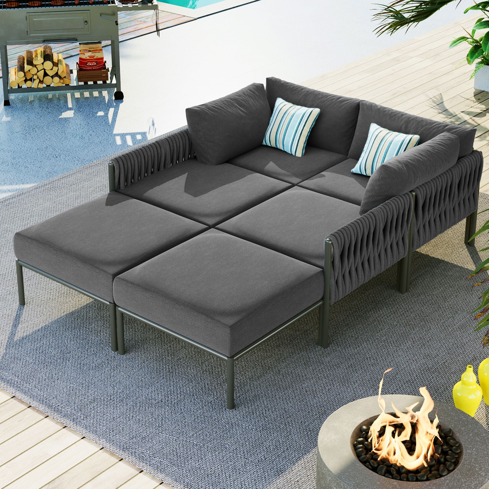 L-Shaped Outdoor Furniture Set 6 Pieces Patio Aluminum Conversation Sets Patio Sectional Sofa Set with Removable 5.9