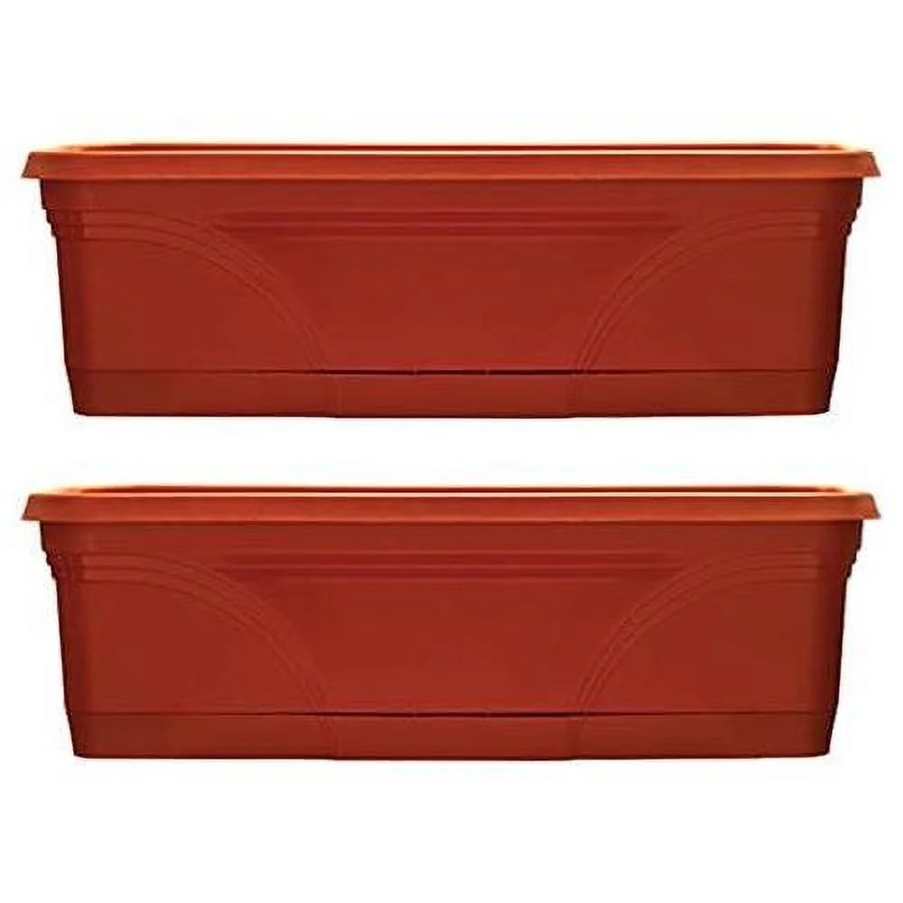 36 Inch Rectangular Plastic Medallion Hanging Windowsill And Garden Box Planters With Drainage Holes, Terracotta (2 Pack)