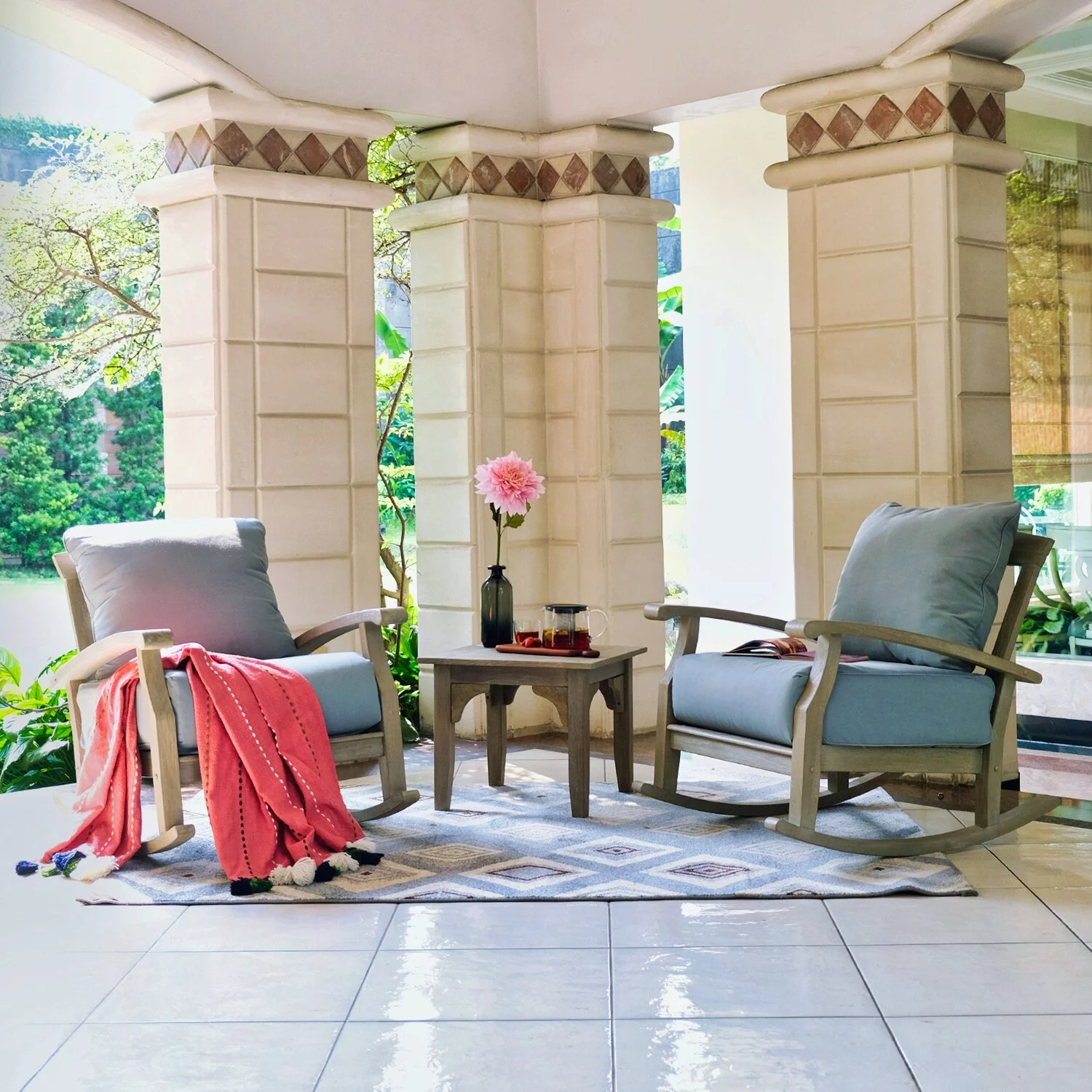 Havenside Home Leon 3-piece Teak Patio Chat Set with Cushion by  Weathered Teak/Blue Spruce Cushion