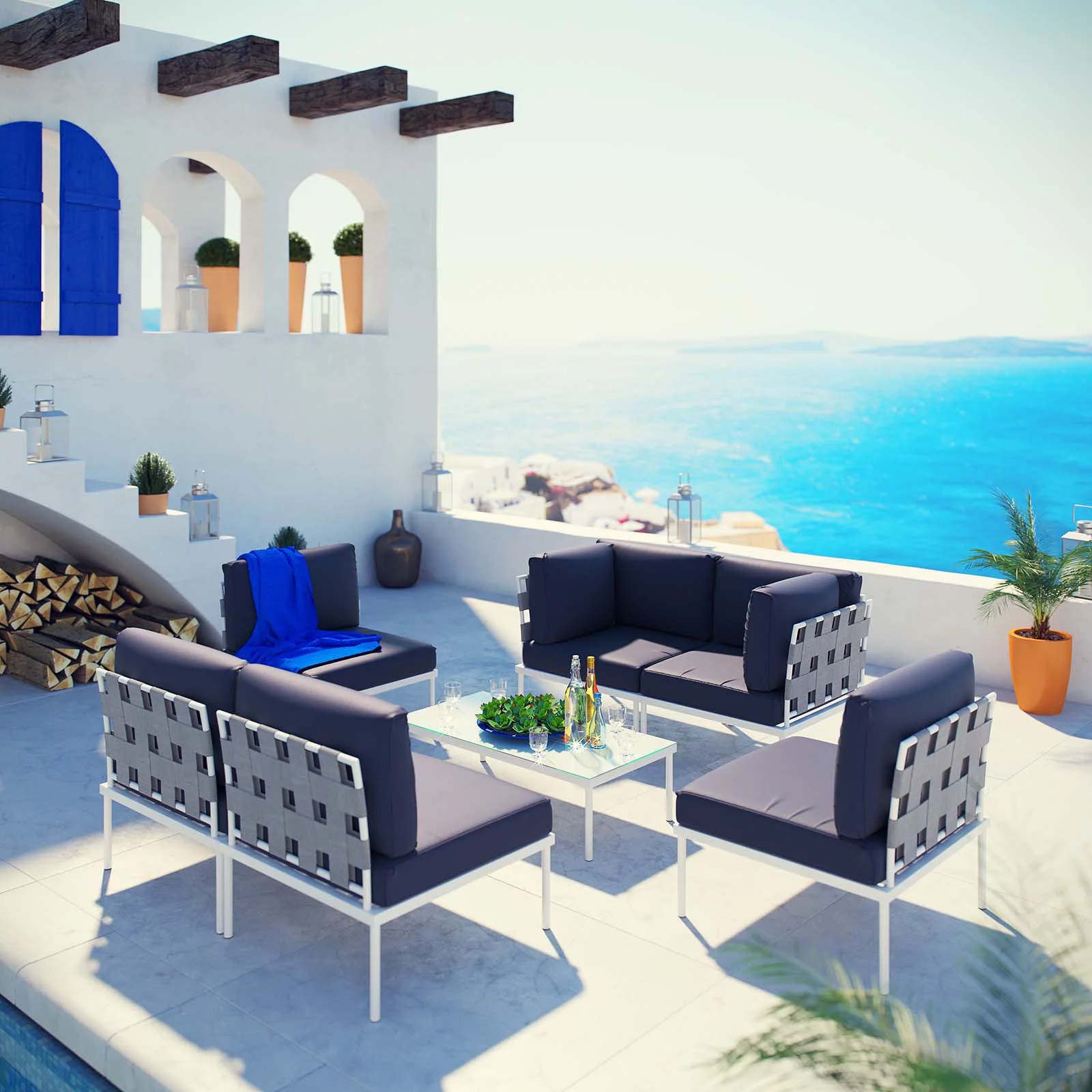 Modern Contemporary Urban Design Outdoor Patio Balcony Seven PCS Sectional Sofa Set, Navy Blue White, Rattan