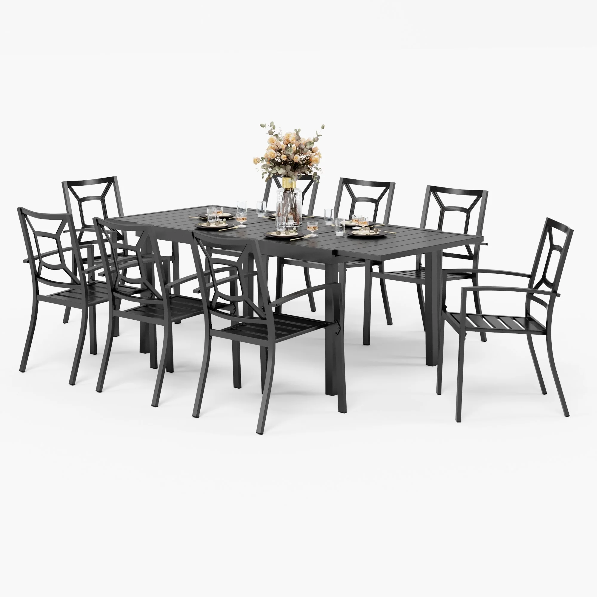 Seats up to 6/8 Outdoor Patio Dining Set, 6/8 Metal Stackable Chairs, 1 Rectangular Expandable Table 8 9-Piece Sets