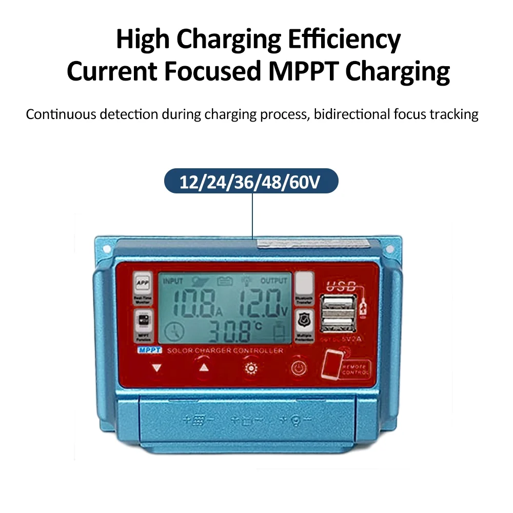 Dcenta WiFi+BT 30A Solar Controller 12V/24V/36V/48V/60V Charging Controllers Dual USB 5V Output Controller
