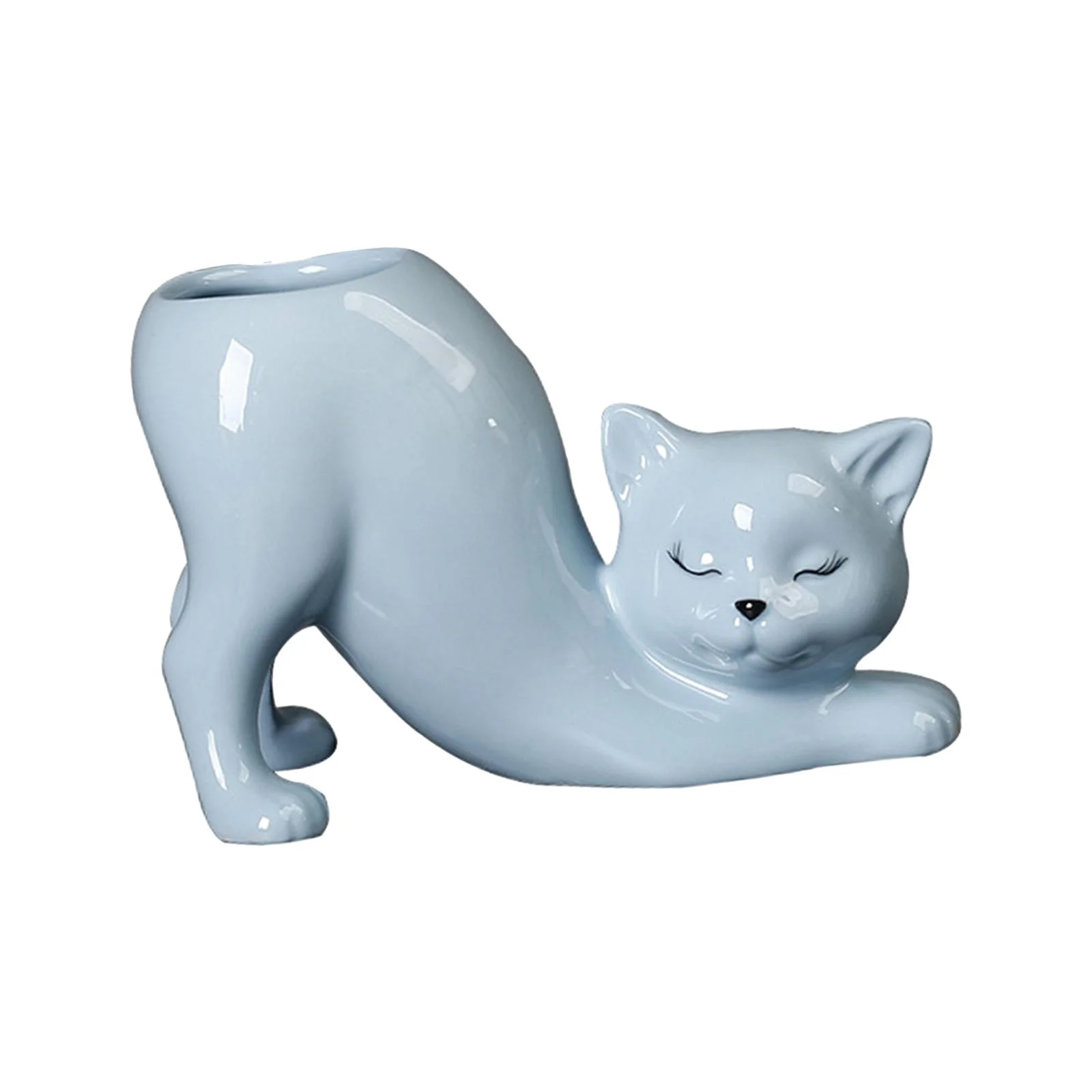 Cartoon Cat Flower Pot Animal Cat Vase Planter Ceramics Plant Container Plant Pot Flowerpot for Patio Home Living Room Garden Blue