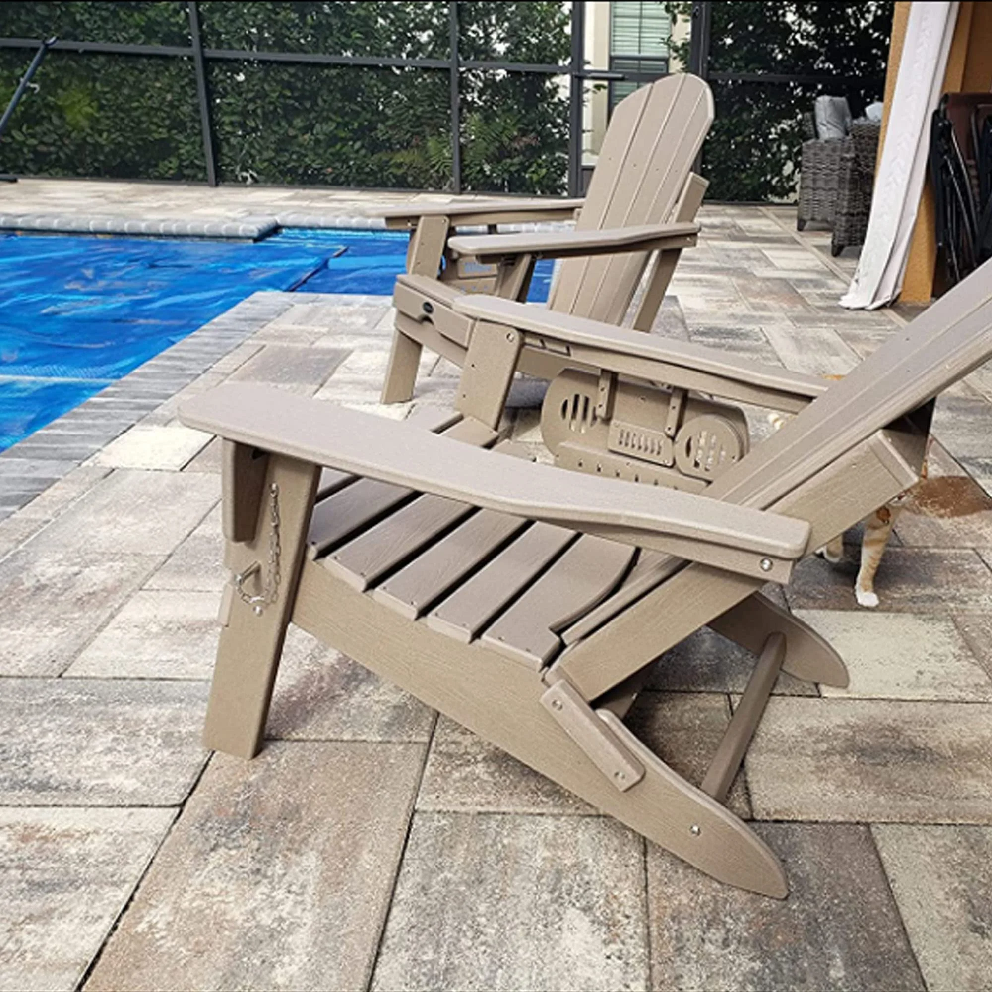 2PCS Folding Adirondack Chair with Retractable Ottoman, HDPE All-Weather Resistant Adjustable Backrest Adirondack Chair w/4 in 1 Cup Holder Trays, Wood Texture Brown