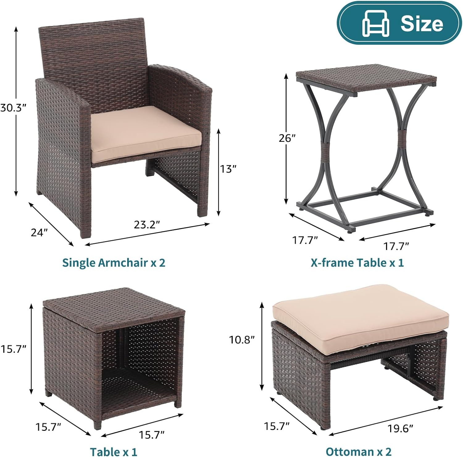 Dina 6 Piece Patio Wicker Furniture Set  Balcony All Weather Rattan Chair  with Space Saving Ottoman  Resin Nesting Coffee Table  Modern Design  Dark Grey