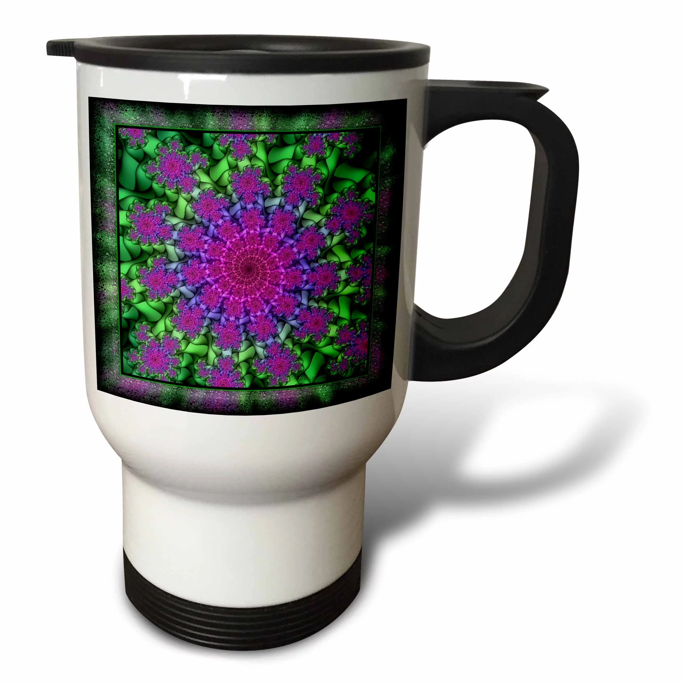 3dRose PSYCHEDELLIC SPIRAL purple lilac green spiral spiralling psychedellic hippie flowerpower NewAge, Travel Mug, 14oz, Stainless Steel