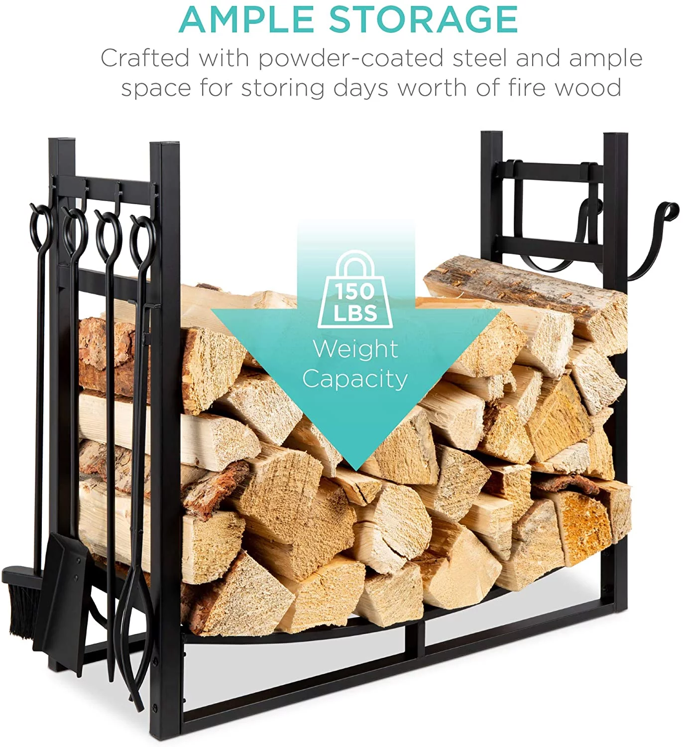 34.25in Firewood Log Rack & Tool Set Steel Wood Storage Accessory for Indoor Outdoor Fire Pit, Fireplace w/Kindling Holder, Shovel, Poker, Tongs, Brush
