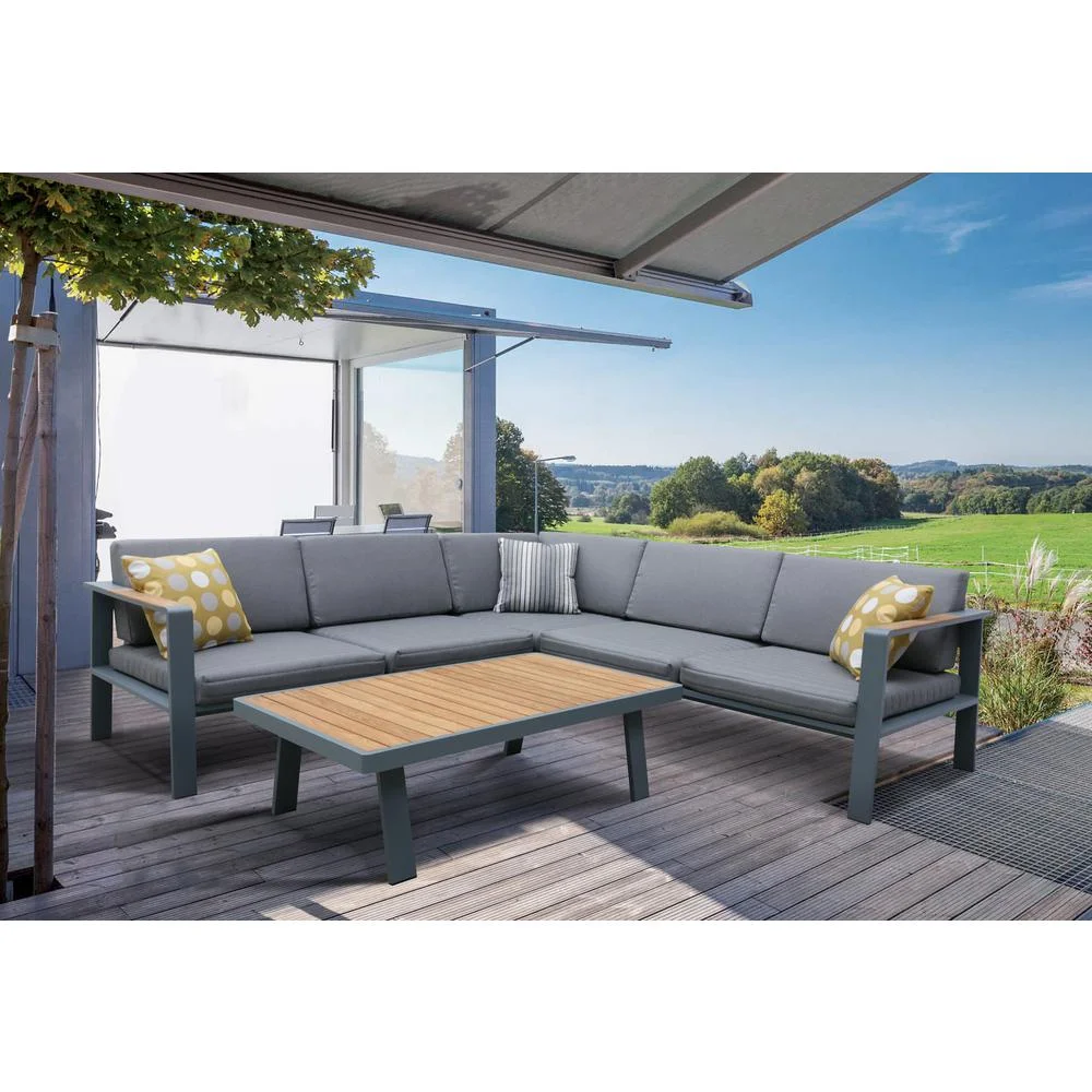 Belen Kox Outdoor Patio Sectional Set in Charcoal Finish with Gray Cushions and Teak Wood