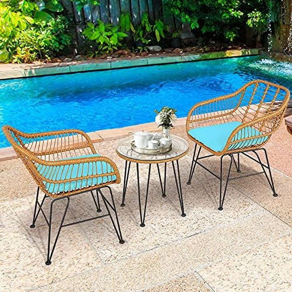 TQNJYGX 3 Pieces Rattan  with Steel Frame Round Coffee Table  Soft Cushions  Rattan Bistro  Set