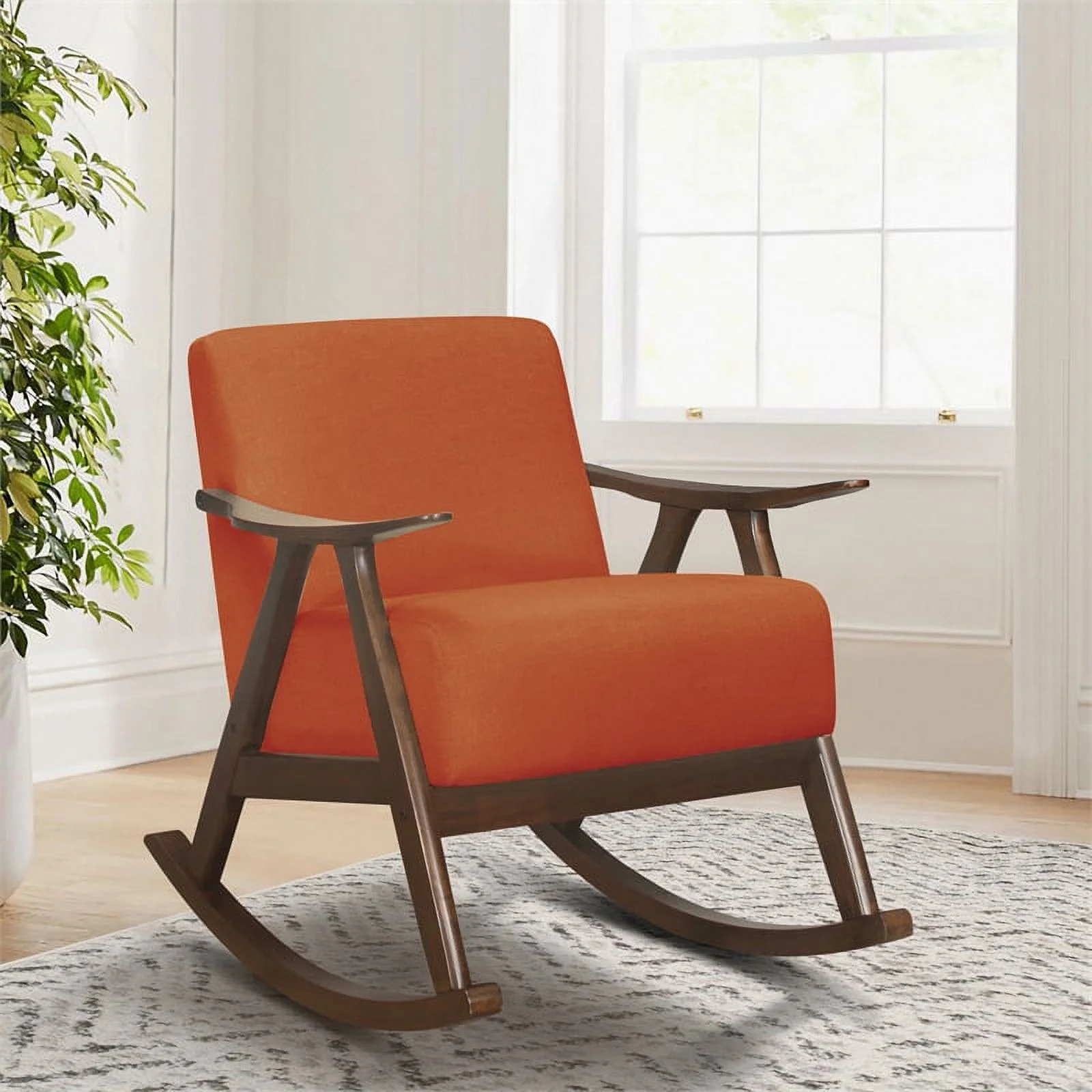 Lexicon Waithe Mid-Century Textured Fabric Rocking Chair in Dark Walnut/Orange