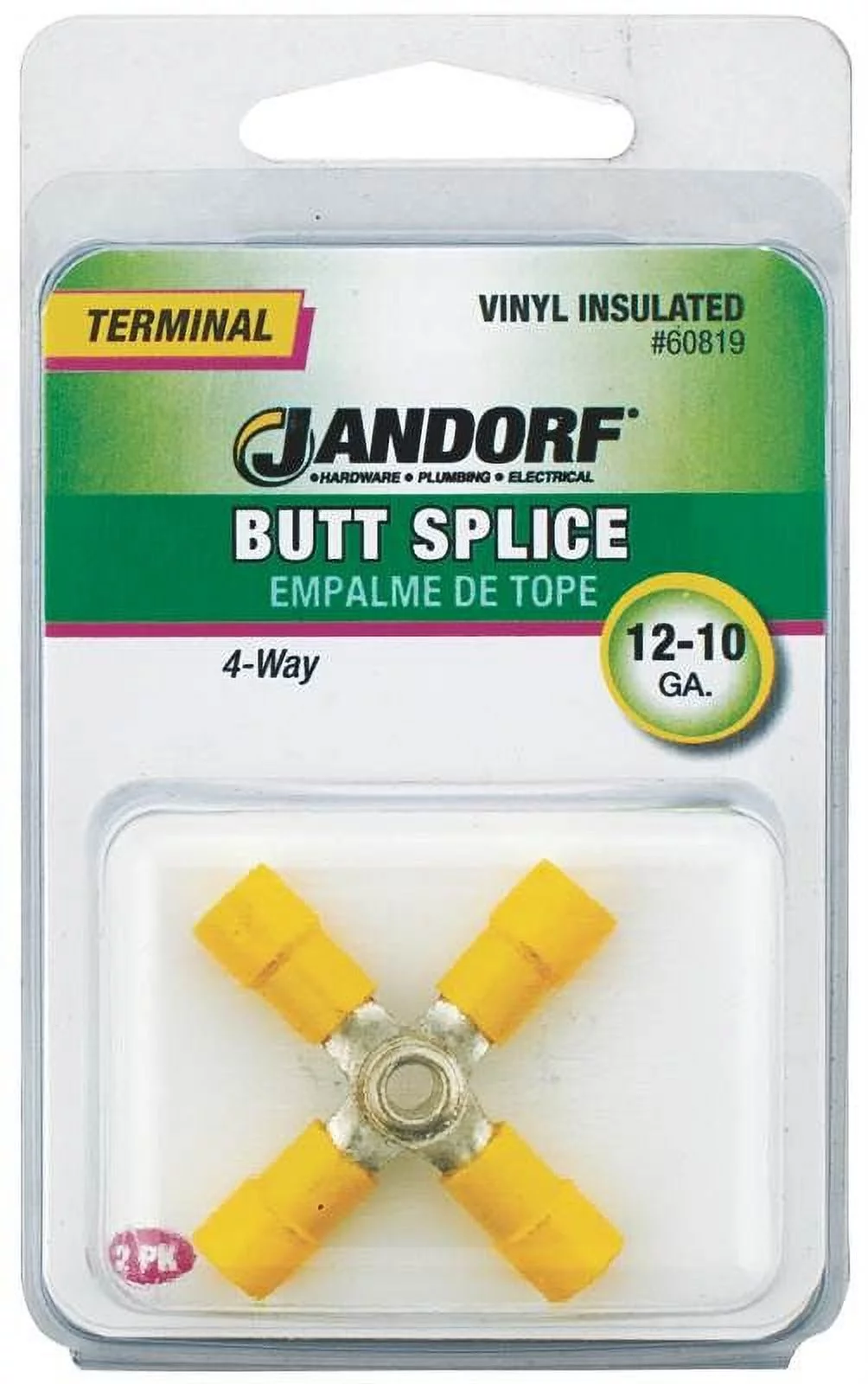 Jandorf 60819 Butt Splice Connector, 12 to 10 AWG Wire, Vinyl Insulation, Copper Contact, Yellow