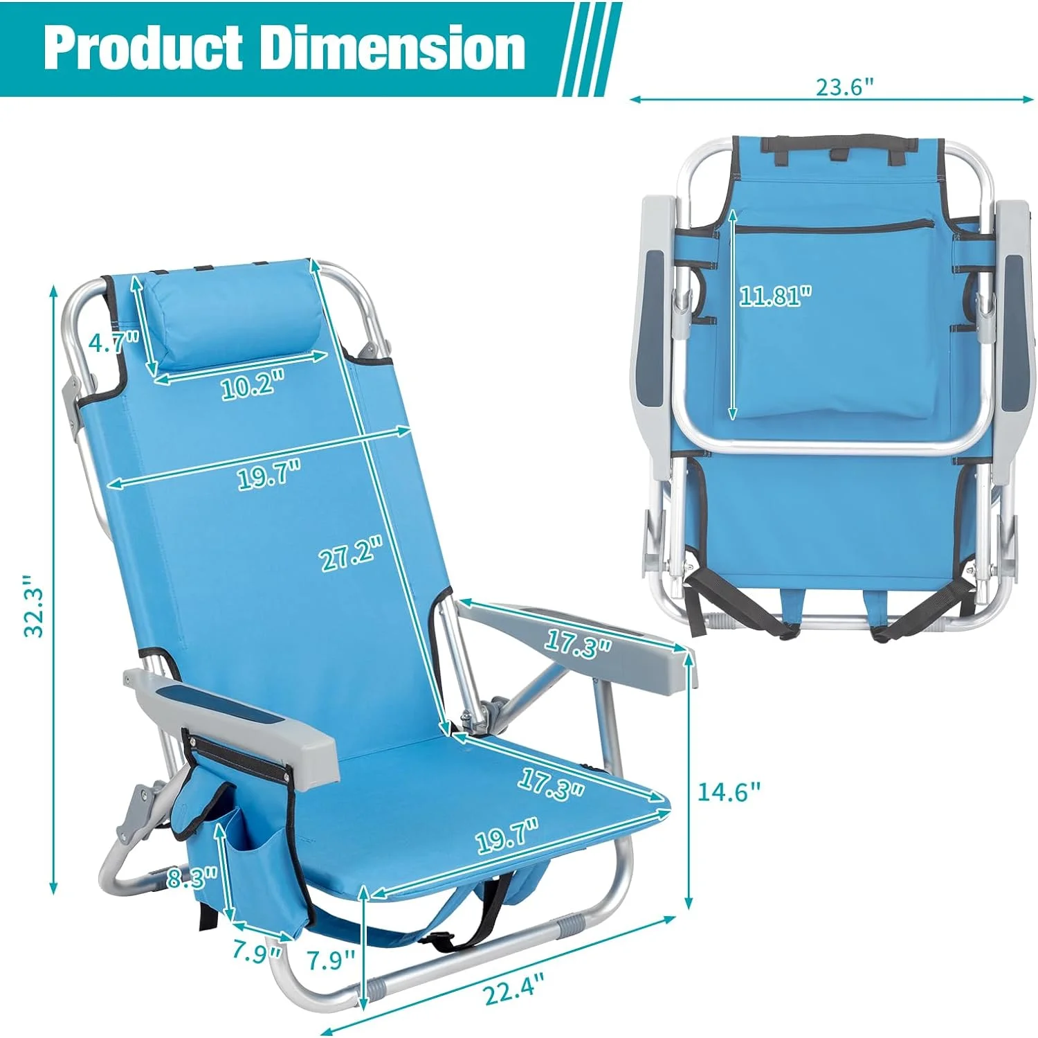 63 * 65 * 82cm Short Oxford Cloth Silver White Aluminum Tube Bearing 100kg Beach Chair Blue