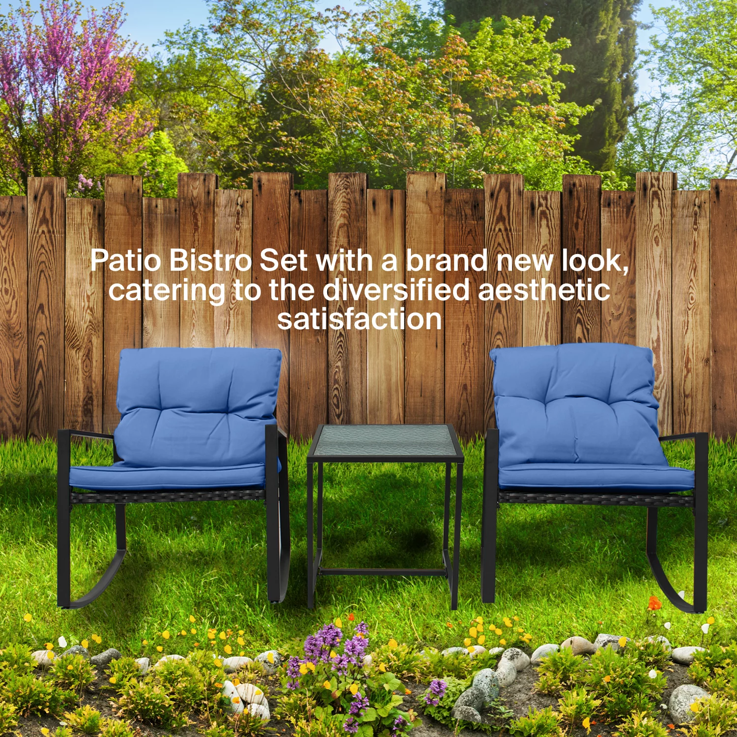 Atlas 3-Piece Stylish Patio Bistro Furniture Set -2 Chairs With Perfect Solid Glass Tea Table - Dark Blue