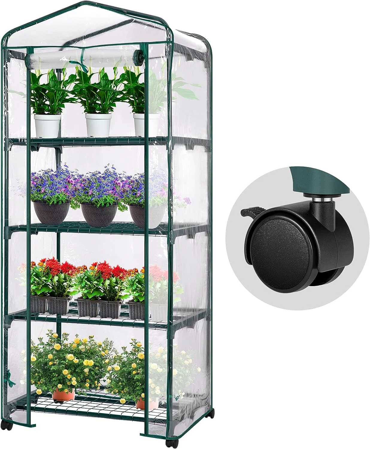 VIVOSUN Mini 4-Tier Greenhouse with Wheels, 27 x 19 x 63-Inch Reusable Portable Warm House with Clear PVC Cover and Shelf for Compact Garden and Small Backyards, with Wheels