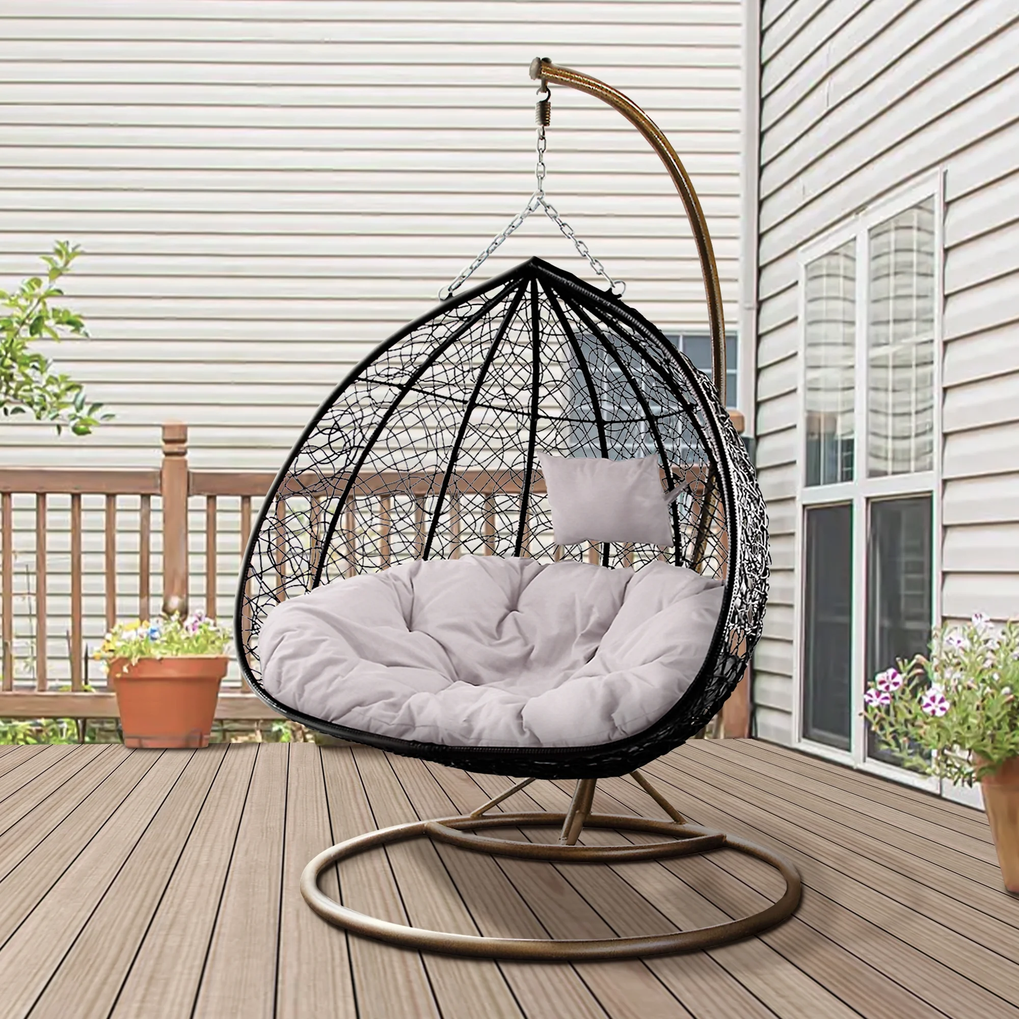 Double Seats Outdoor Wicker Swing with Gray Cushion & Frame Outdoor Wicker Seating