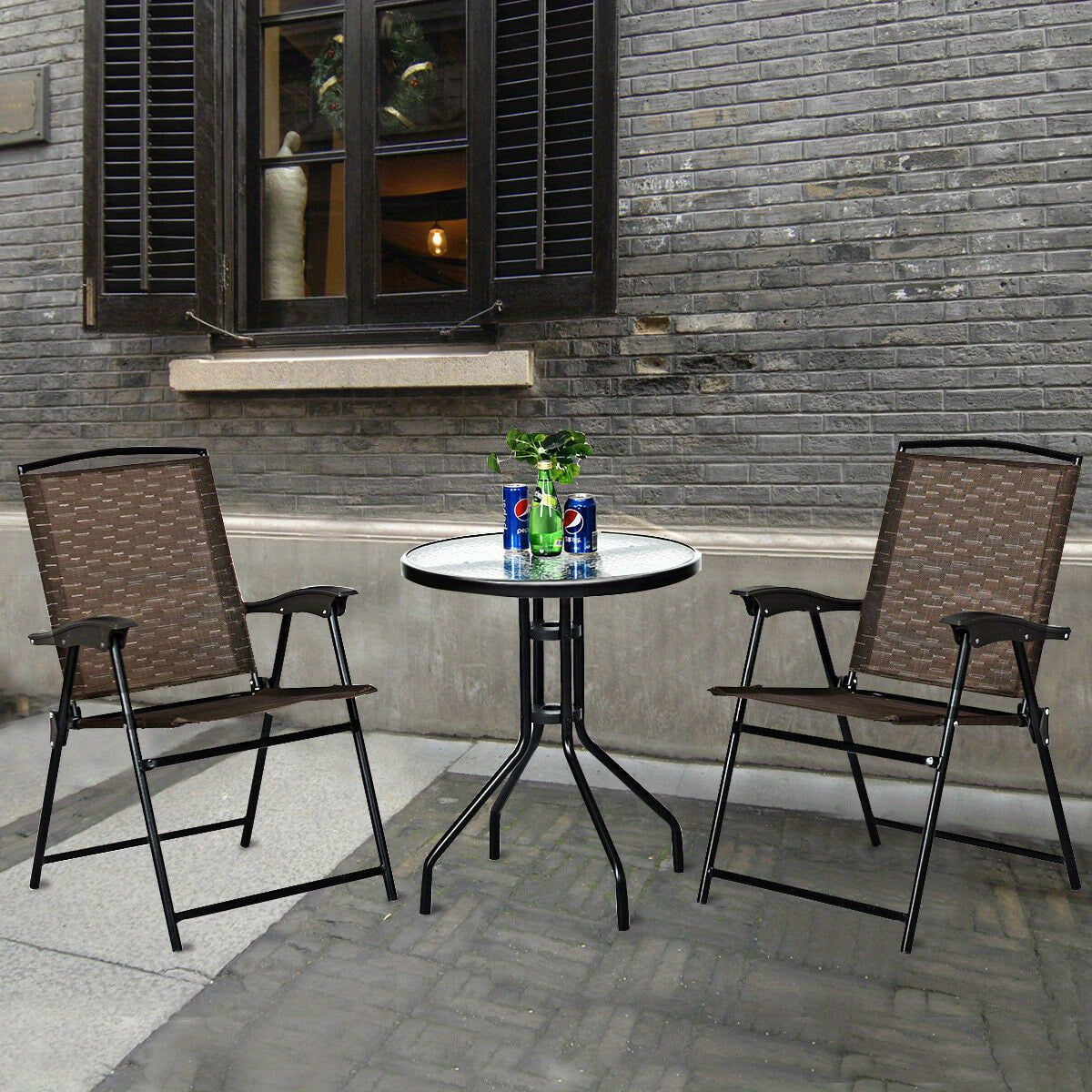 3PC Bistro Patio Garden Furniture Set 2 Folding Chairs Glass Table Top Steel NEW