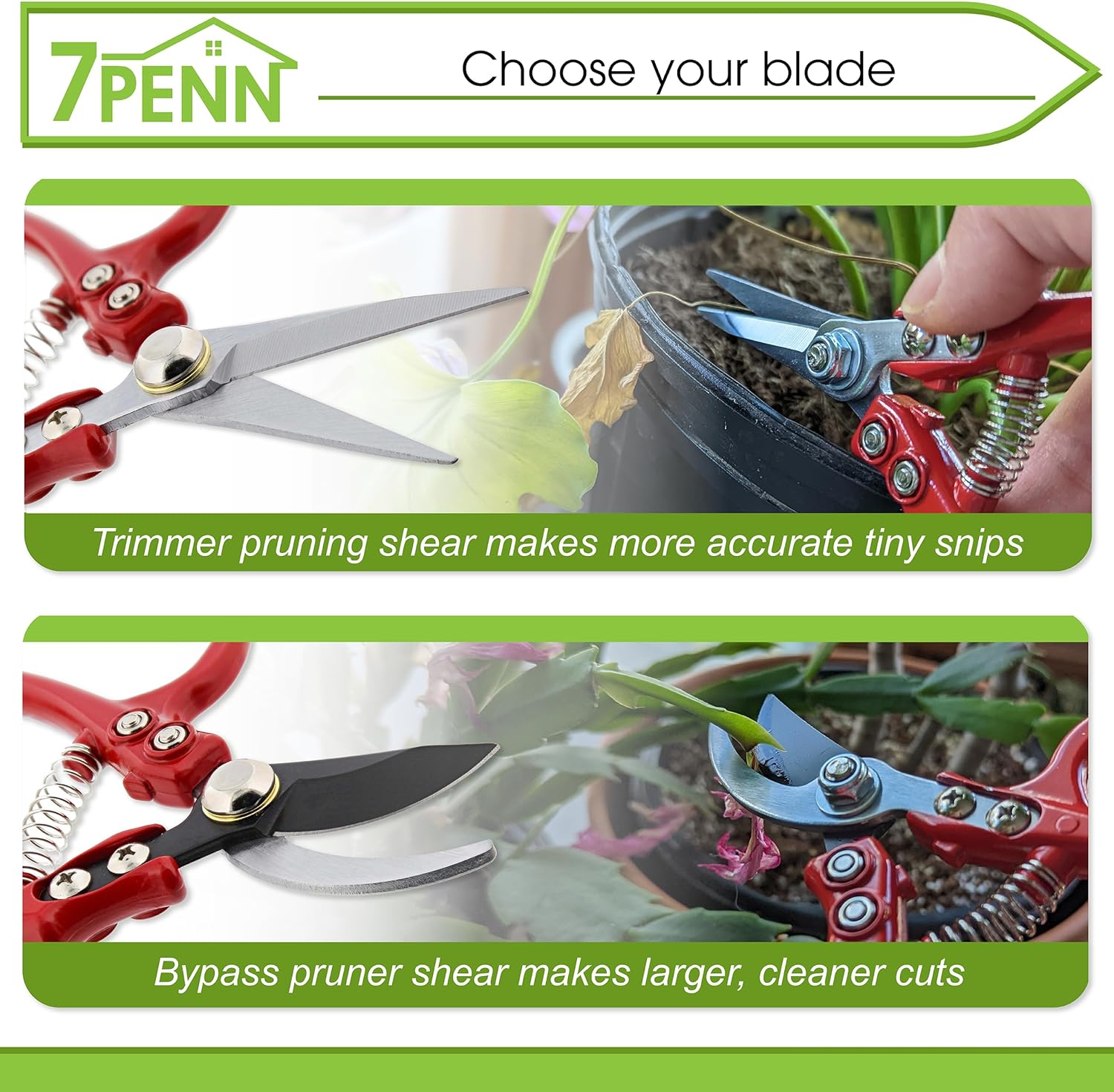 Garden Pruning Shears - 2pc Straight and Curved Blade Gardening Hand Tools with Red Ergonomic Grip Handles