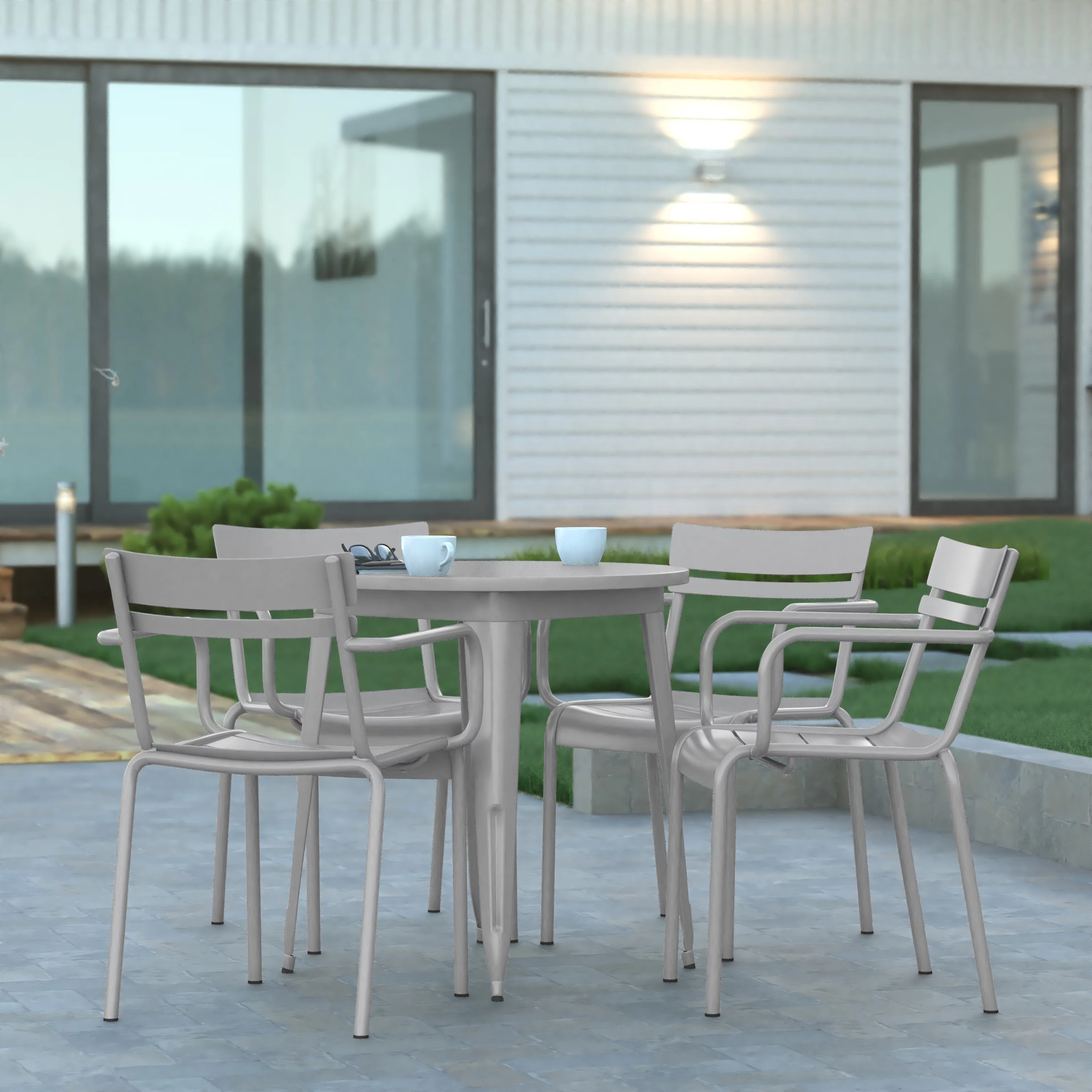 Emma + Oliver Set of 4 Powder Coated Steel Stacking Dining Chairs with Arms and 2 Slat Backs for Indoor-Outdoor Use in Silver