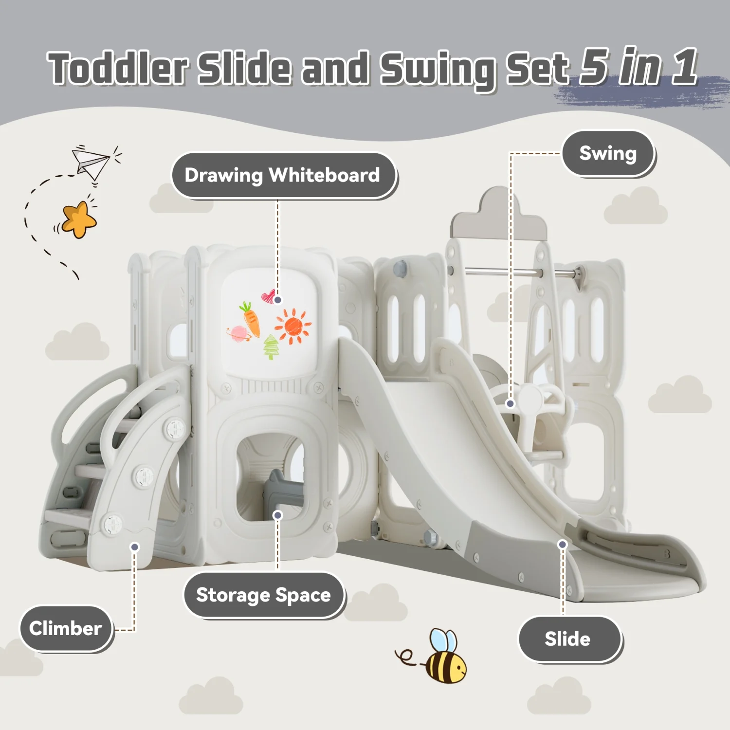 Exciting Freestanding Kids Playground Climber - 5-in-1 Toddler Slide and Swing Set - Perfect Combination for Babies - Whiteboard Drawing Playset Included - Endless Fun with 5 Activities: