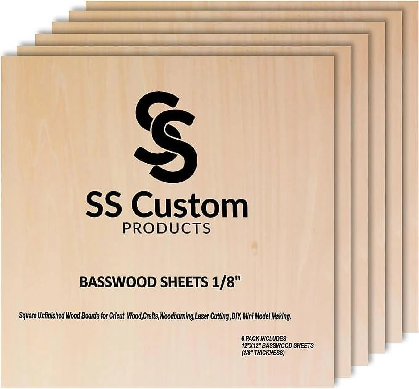Basswood Sheets for Crafts 1/8 inch, 3mm Plywood Sheets for Laser Cutting, Wood Burning, Architectural Models, Drawing - 6 Pack Bass Wood 12 x 12 inch (SS Custom Products)
