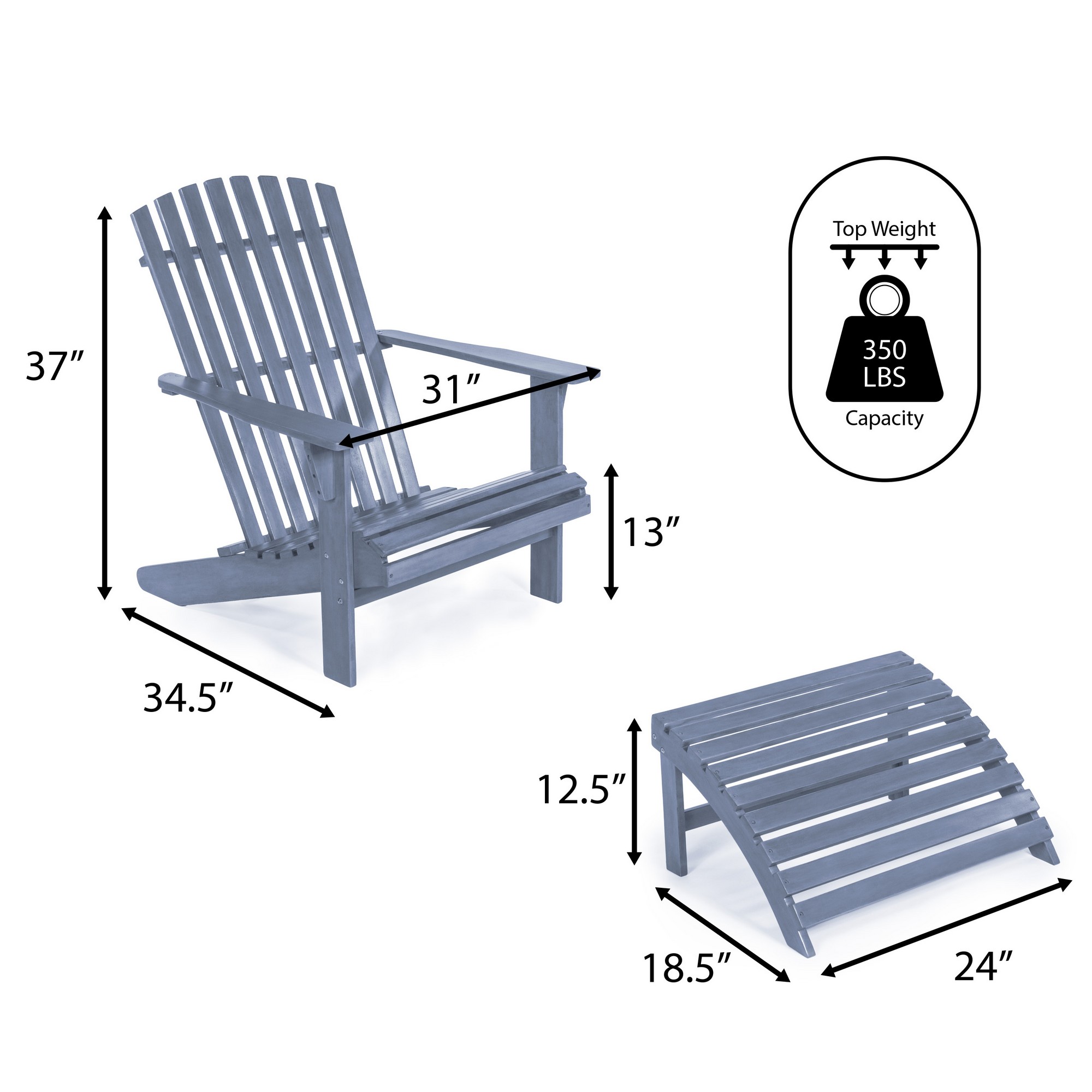 Saranac 2-Piece Traditional Rustic Acacia Wood Adirondack Chair with Detachable Ottoman, Cashmere Blue