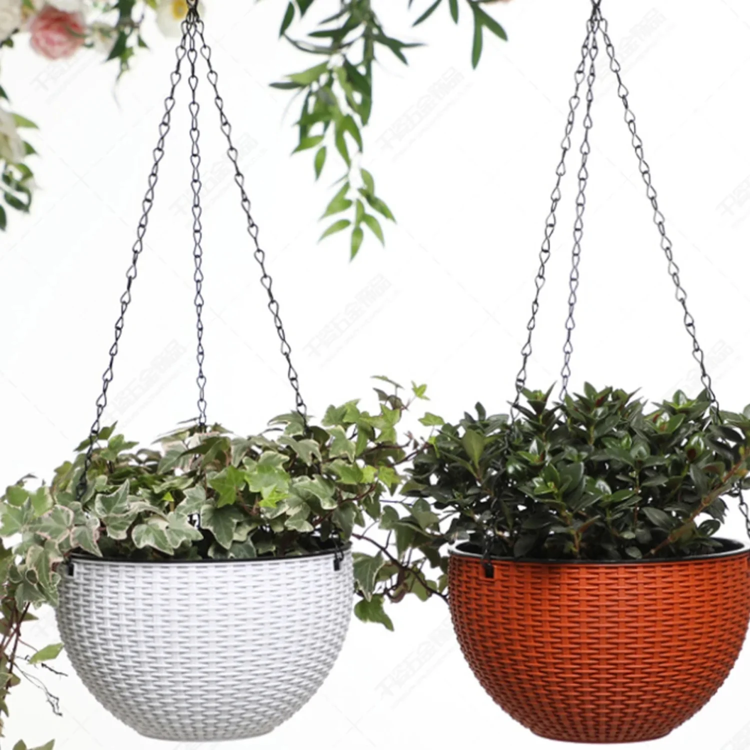 Imitation Rattan 40cm Hanging Basket Flower Pot Chain with 3 Stunning Hydroponic Plants for Beautiful Garden Decor
