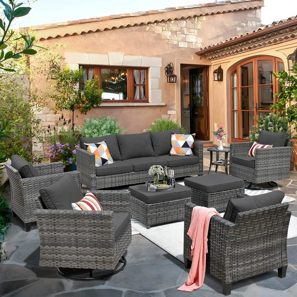 OVIOS  8-piece Patio Conversation Wicker Furniture Set Swivel Chair Set Black