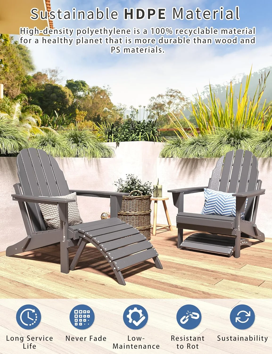 Folding Adirondack Ottoman for Adirondack Chair, HDPE All Weather Outdoor Footrest Poly Lumber Adirondack Footstool for Patio, Backyard, Garden, Easily Storage - Gray