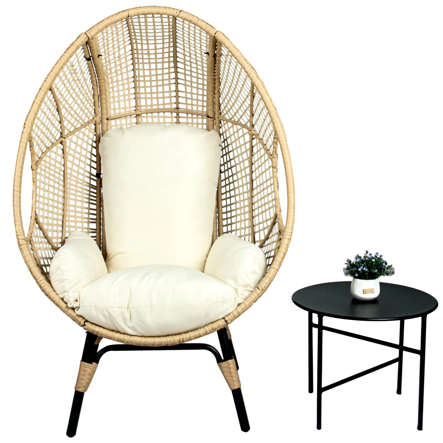 Comfortable Natural Color Rattan Beige PE Wicker Patio Egg Chair Model 4 Set with Cushion and Side Table for Relaxing Outdoor Space