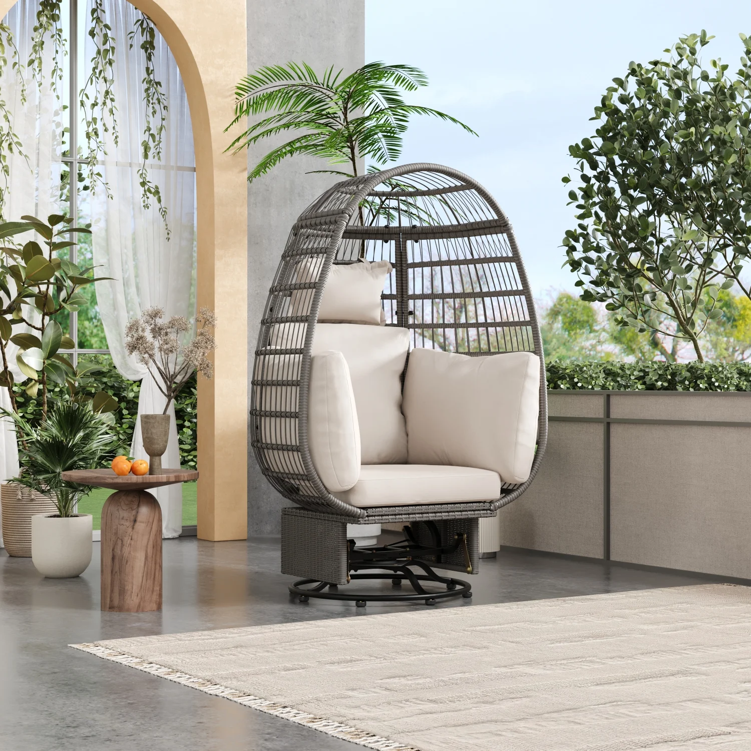 TREXM Outdoor Swivel Chair with Cushions  Rattan Egg Patio Chair with Rocking Function for Balcony  Poolside and Garden (Grey Wicker + Beige Cushion)