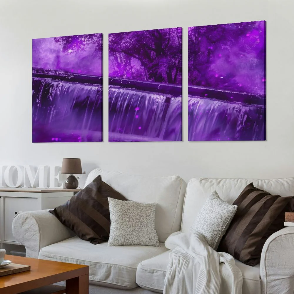 nygtbtfer  Framed Canvas Wall Art for Living Room Bedroom Wall Decor- Purple Tree Waterfall Landscape Print Picture Canvas Paintings for Office Decor Framed Ready to Hang 12x16x3pcs