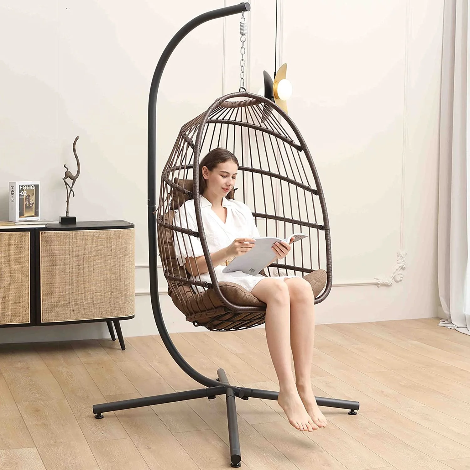 Hanging Egg Chair with Stand, Egg Swing Hammock Chair with Stand, Indoor Outdoor Wicker Egg Chair with Cushion Headrest for Patio Bedroom Porch Garden, 350LBS Capacity(Brown)