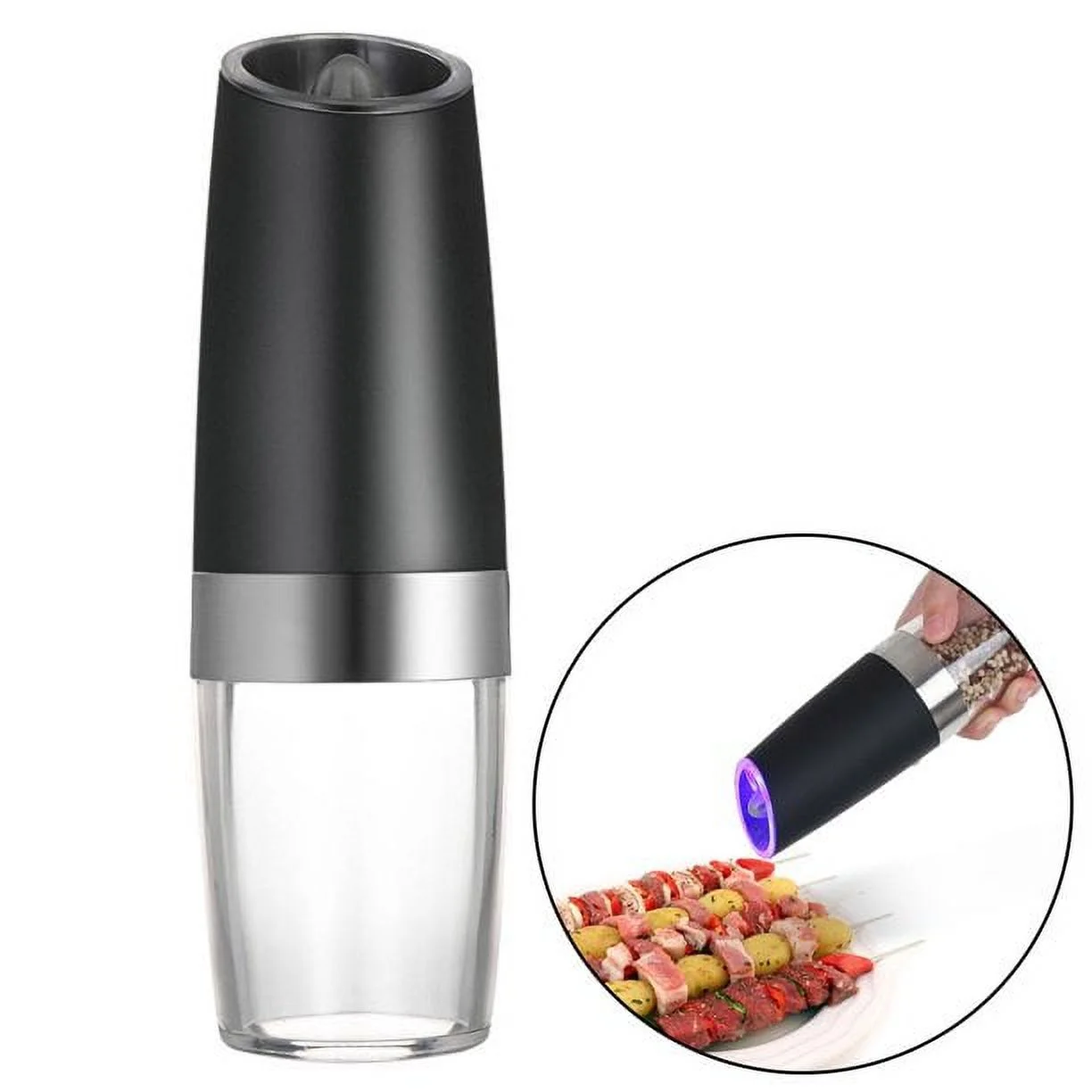 Homchum Gravity Electric Salt Shaker, Automatic Pepper Grinder, Battery-Operated, Premium Stainless Steel with LED Blue Light, One Hand Operated Christmas Gifts