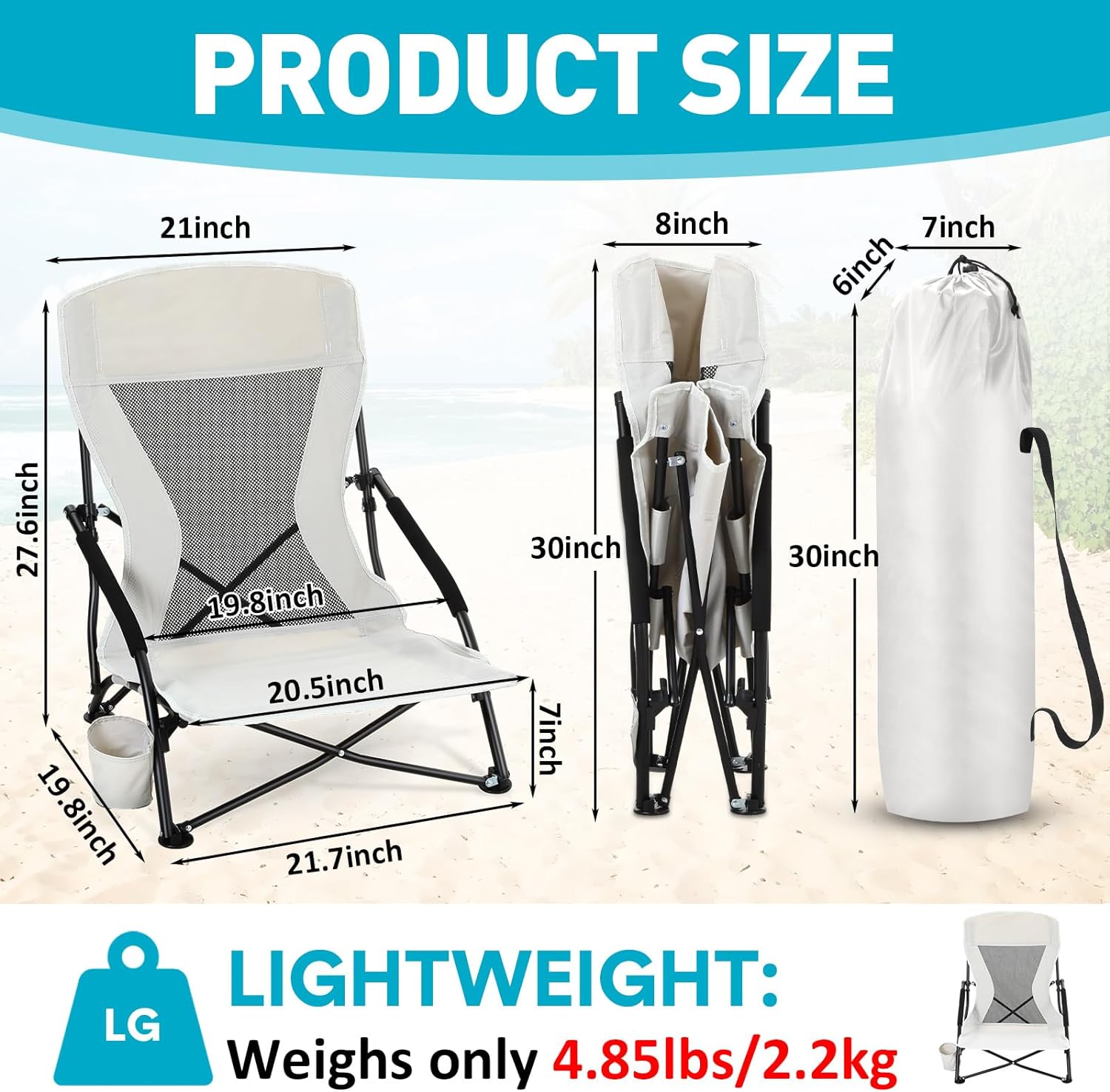 6 Packs Low Beach Chairs Portable Folding Beach Chairs for Adults with Cup Holder and Carry Bag Low Back Travel Beach Chair Compact Beach Chairs Lightweight Low Profile Lawn Chairs for Concerts