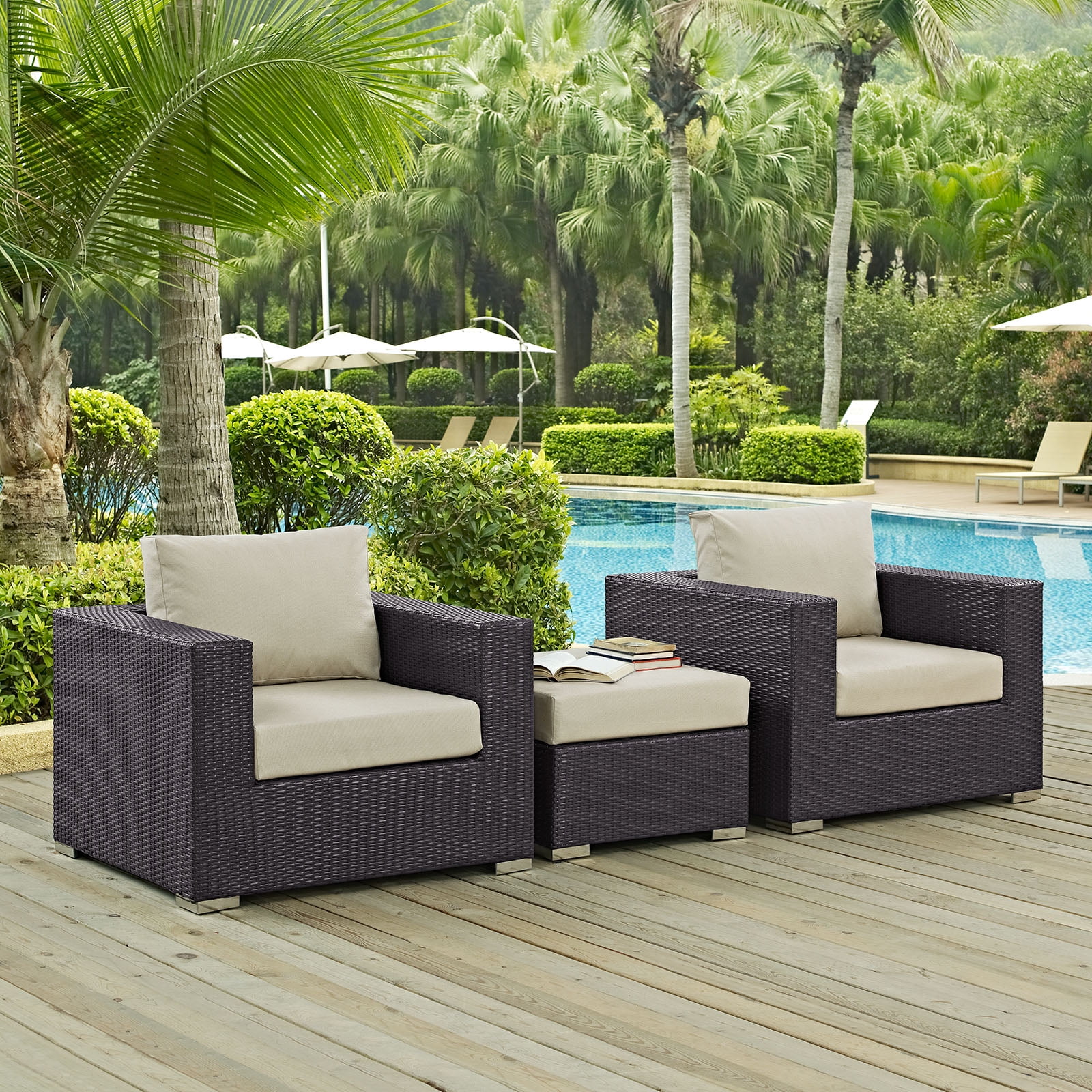 Modern Contemporary Urban Design Outdoor Patio Balcony Three PCS Sofa Set, Beige, Rattan