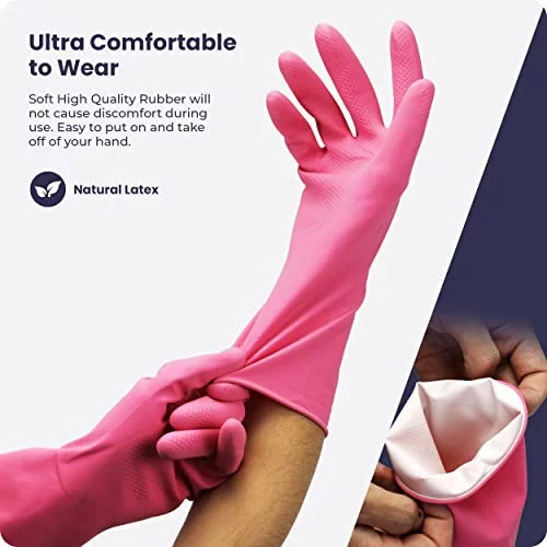FMP Brands Cleaning Gloves 12 Pairs Rubber Gloves for Washing Dishes Non-Slip Dishwashing Gloves Waterproof Reusable Latex Dish Gloves for Kitchen, Bathroom, Household, Gardening (X-Large, Pink)