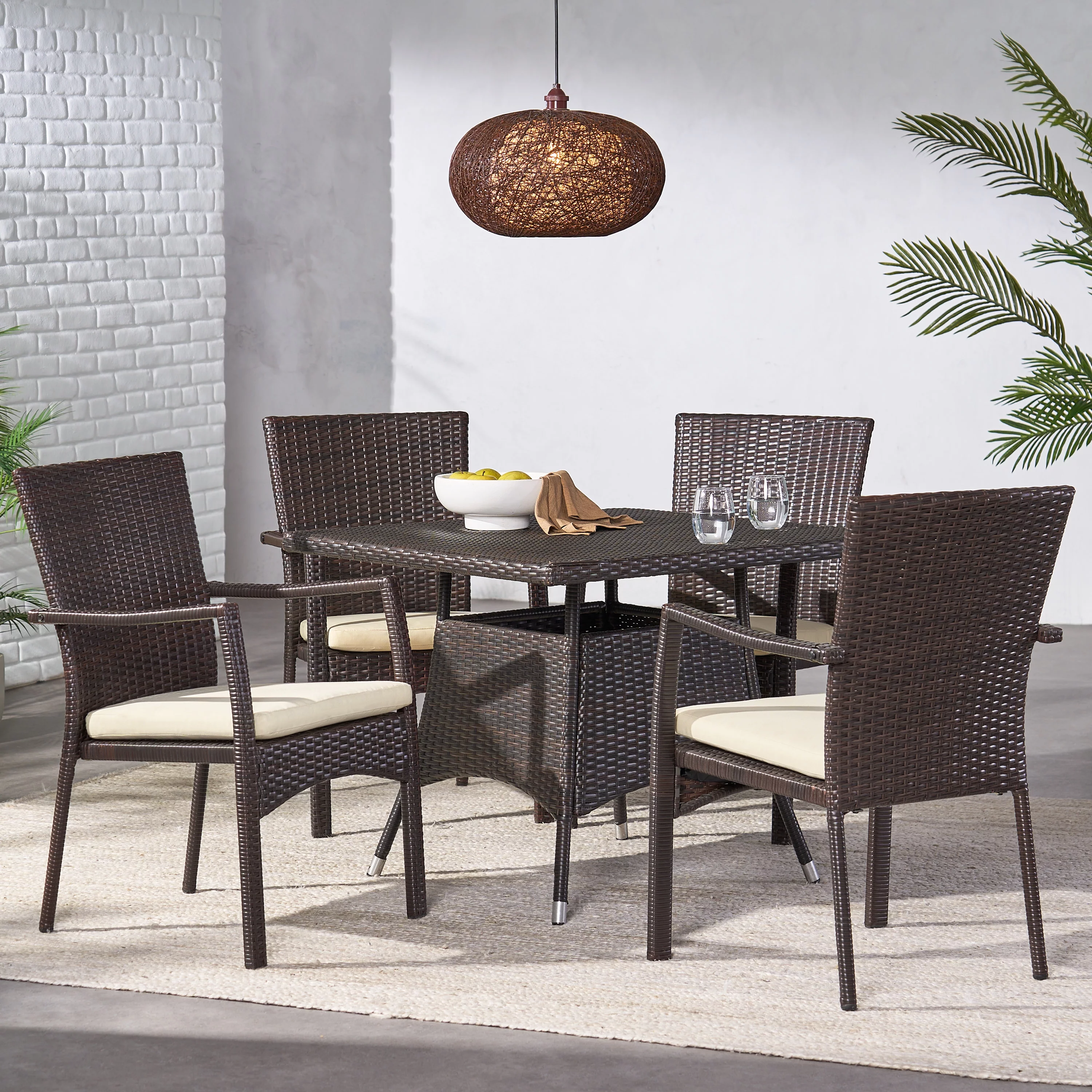 Carl 5 Piece Outdoor Square Wicker Dining Set, Multibrown