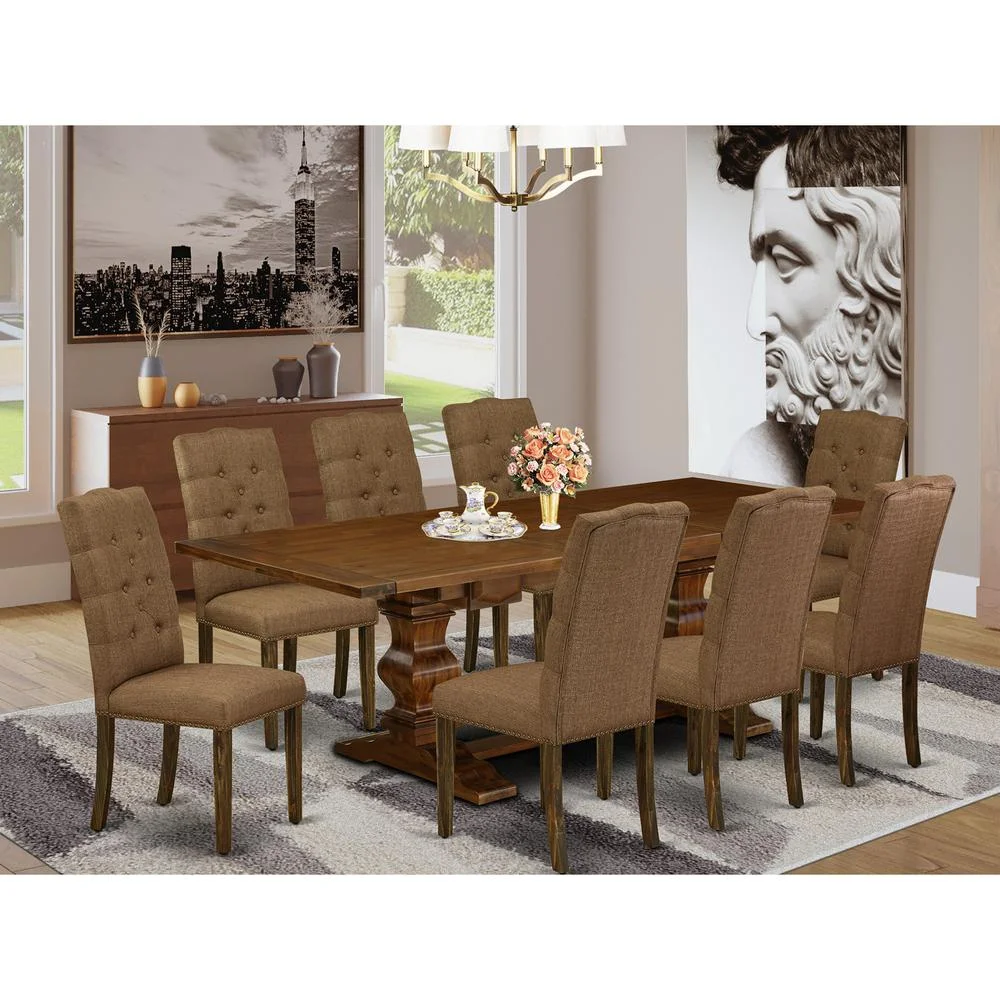 East West Furniture 9-piece with Chair’s Legs and Brown Beige Linen Fabric