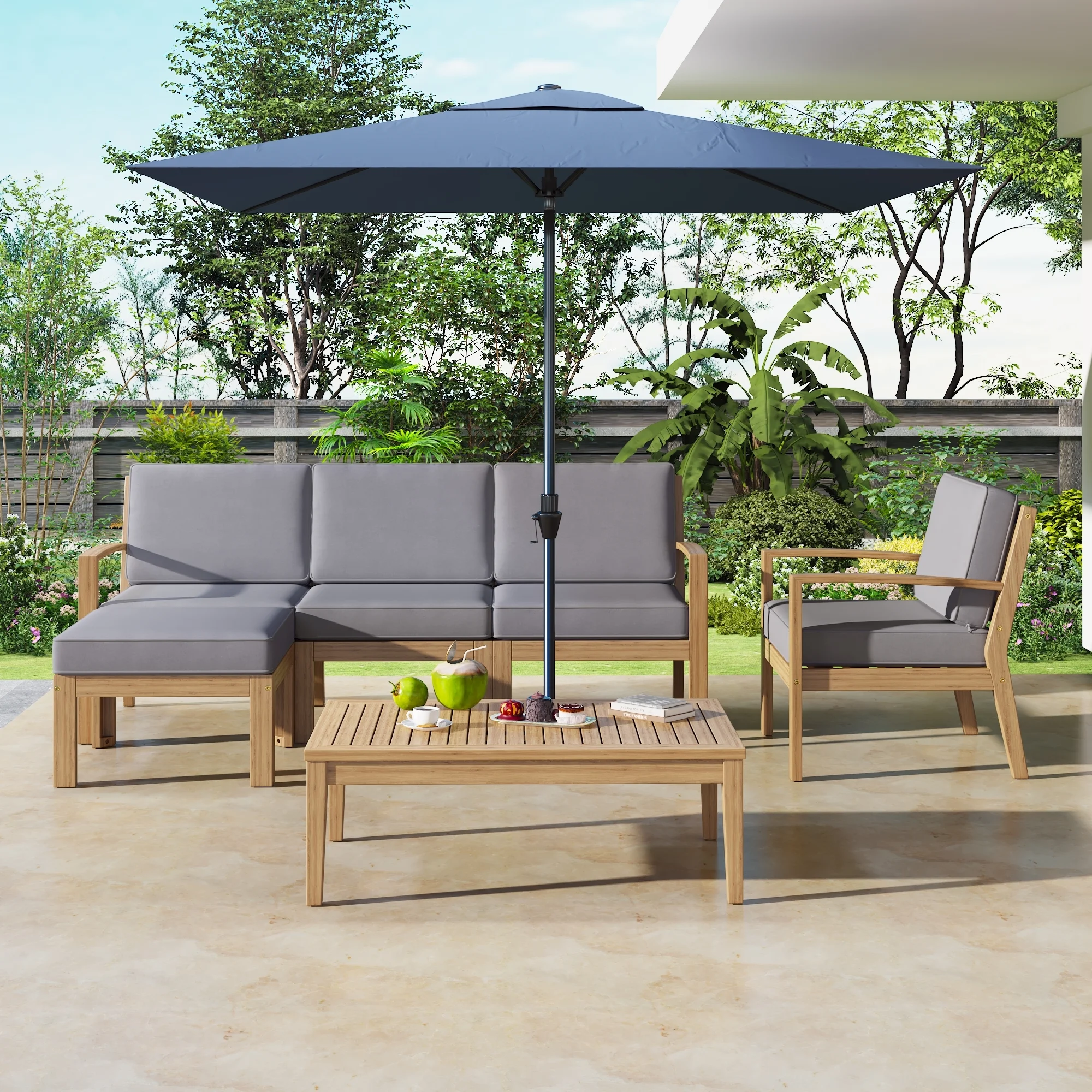 EUROCO 6-Piece Acacia Wood Frame Patio Sectional Sofa Set, Outdoor Conversation Furniture Set with Coffee Table and Removable Cushion for Garden Backyard Patio and Poolside, Grey