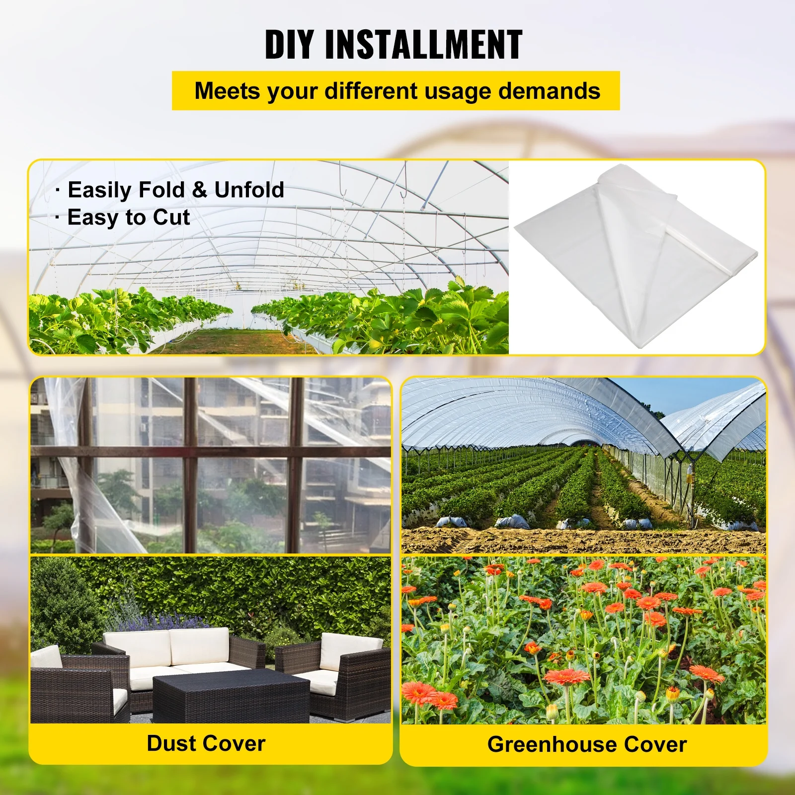 SKYSHALO Greenhouse Film, 10' x 100' Greenhouse Plastic Film, 6 Mil Thick Awning Greenhouse, 4 Years Clear Polyethylene Covering, UV Protection Farm Gardening Plastic Supply