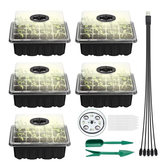 5pcs Seed Starter Trays with Grow Light 12-hole Indoor Greenhouse Gardening Plant Seedling Germination Box