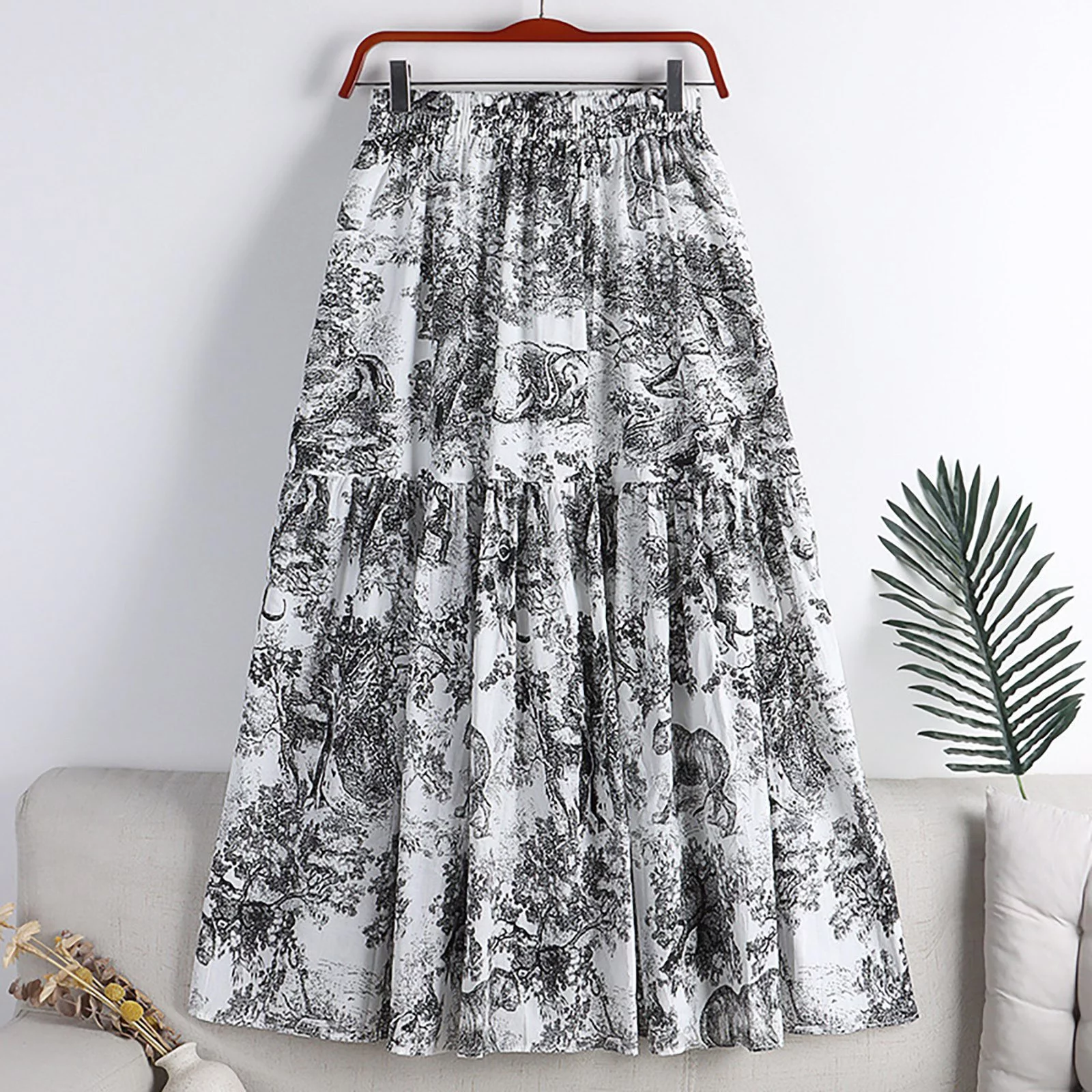 Spring Maxi Skirt Women'S Spring And Summer Waisted Ancient Style Ink Painting Printed Cotton Skirt Mid Length A Line Large Swing Skirt Skirt Sets Women 2 Piece Outfits For Church
