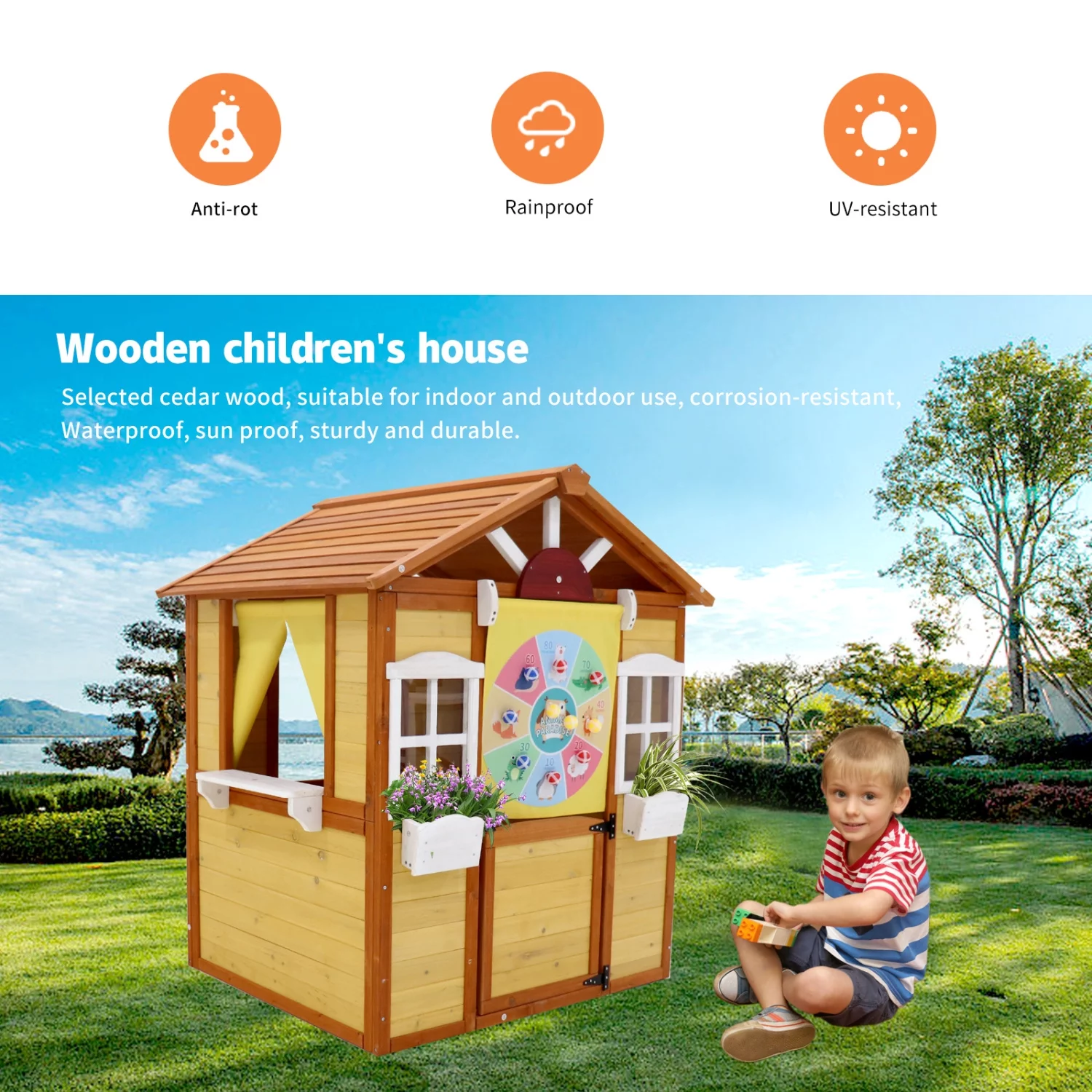 Wooden Outdoor Playhouse with Charming Design - Functional Doors and Windows for Imaginative Play - Perfect Pretend Cottage for Kids Ages 3-8 - Ideal Outdoor Toy for Children