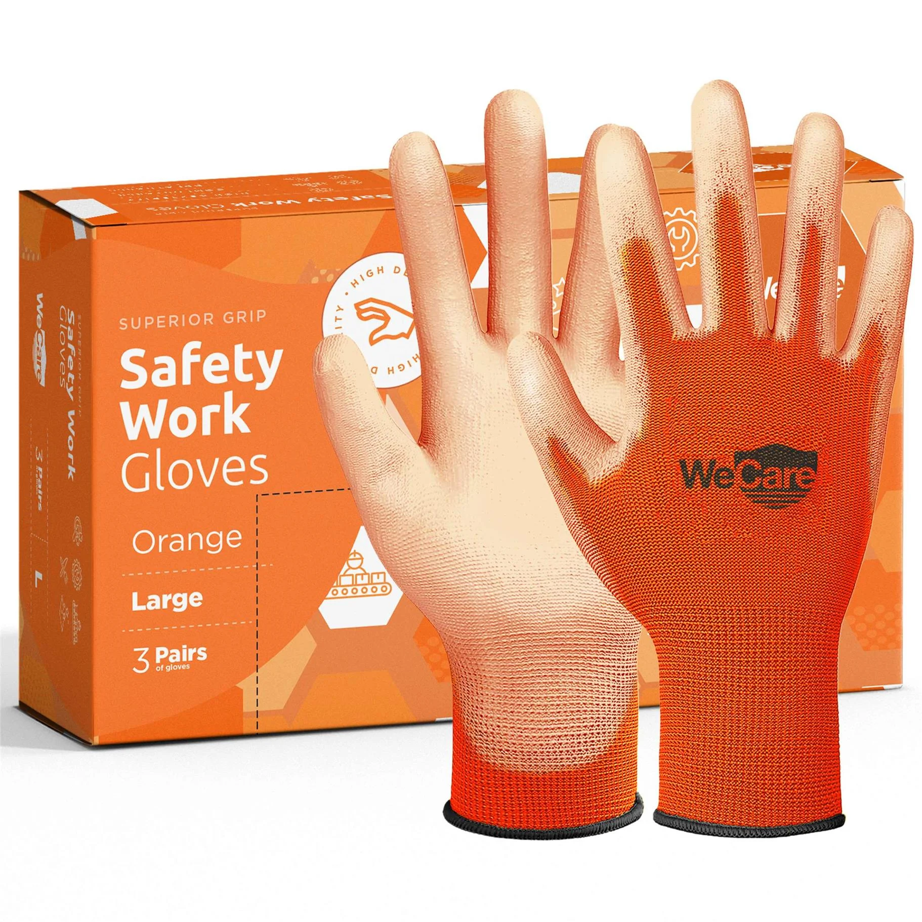 WeCare Orange Working Gloves with PU Coating (L) - 3 Pairs of Safety Work Gloves - Construction, Gardening, Electric Gloves