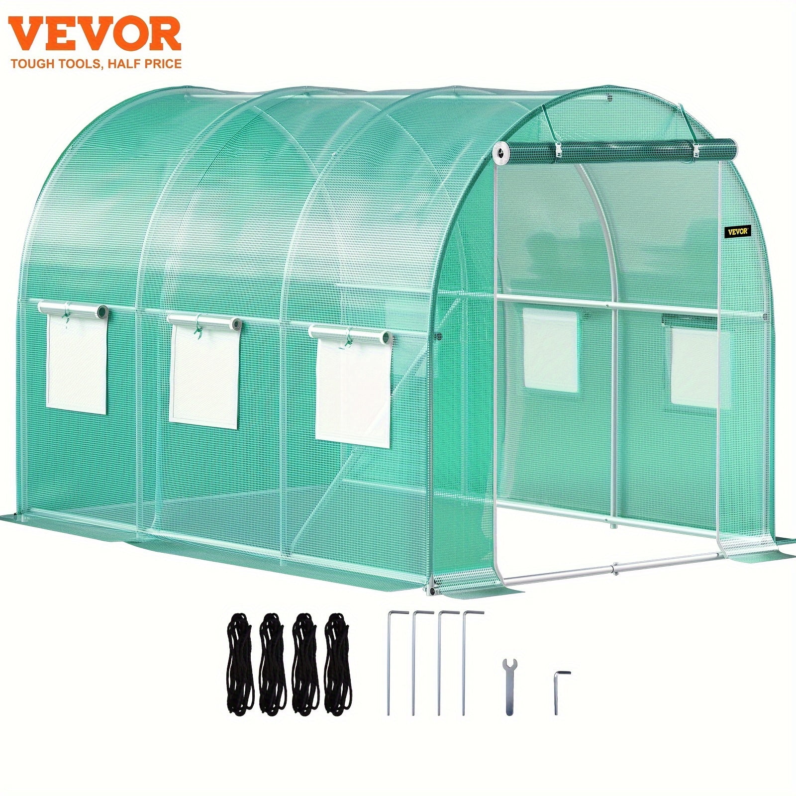 Walk-in Tunnel Greenhouse, 10 x 7 x 7 ft Portable Plant Hot House w/ Galvanized Steel Hoops, 1 Top Beam, Diagonal Poles, Zippered Door & 6 Roll-up Windows, Green