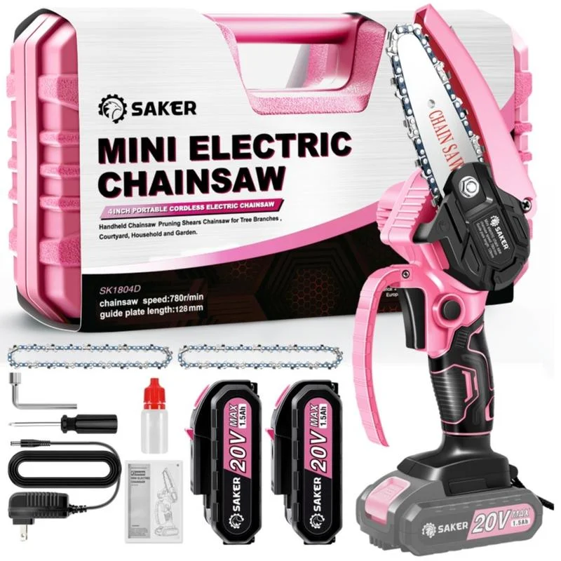 Portable Electric Pink Mini Chainsaw Cordless,Handheld Chainsaw for Tree Branches,Courtyard, Household and Garden,By 2PCS 20V 1500mAh Batteries and 3 PCS Chains