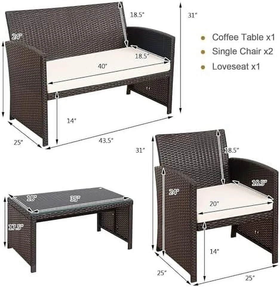 ZFGSUIJN 4 Pieces Wicker Patio  Set  Outdoor PE Rattan Conversation Set with Chairs  Loveseat  Coffee Table  Cushions for Poolside  Red