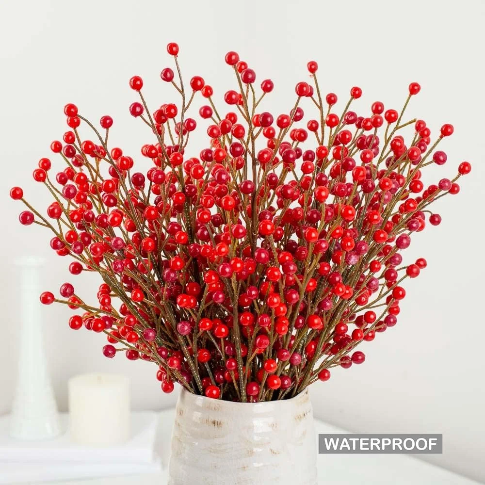 36 Artificial Rich Christmas Red Weatherproof Berry Stem Branches - Waterproof Berries For Indoor And Outdoor Wreaths, Flower Arrangements, Porch Pots, & Christmas Decorations